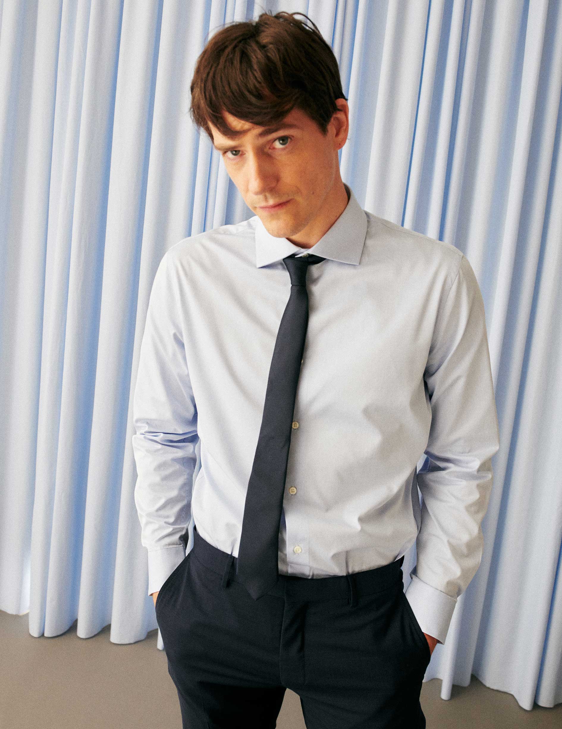 semi-fitted Blue easy-iron shirt - Poplin - Italian Collar - Easy-iron