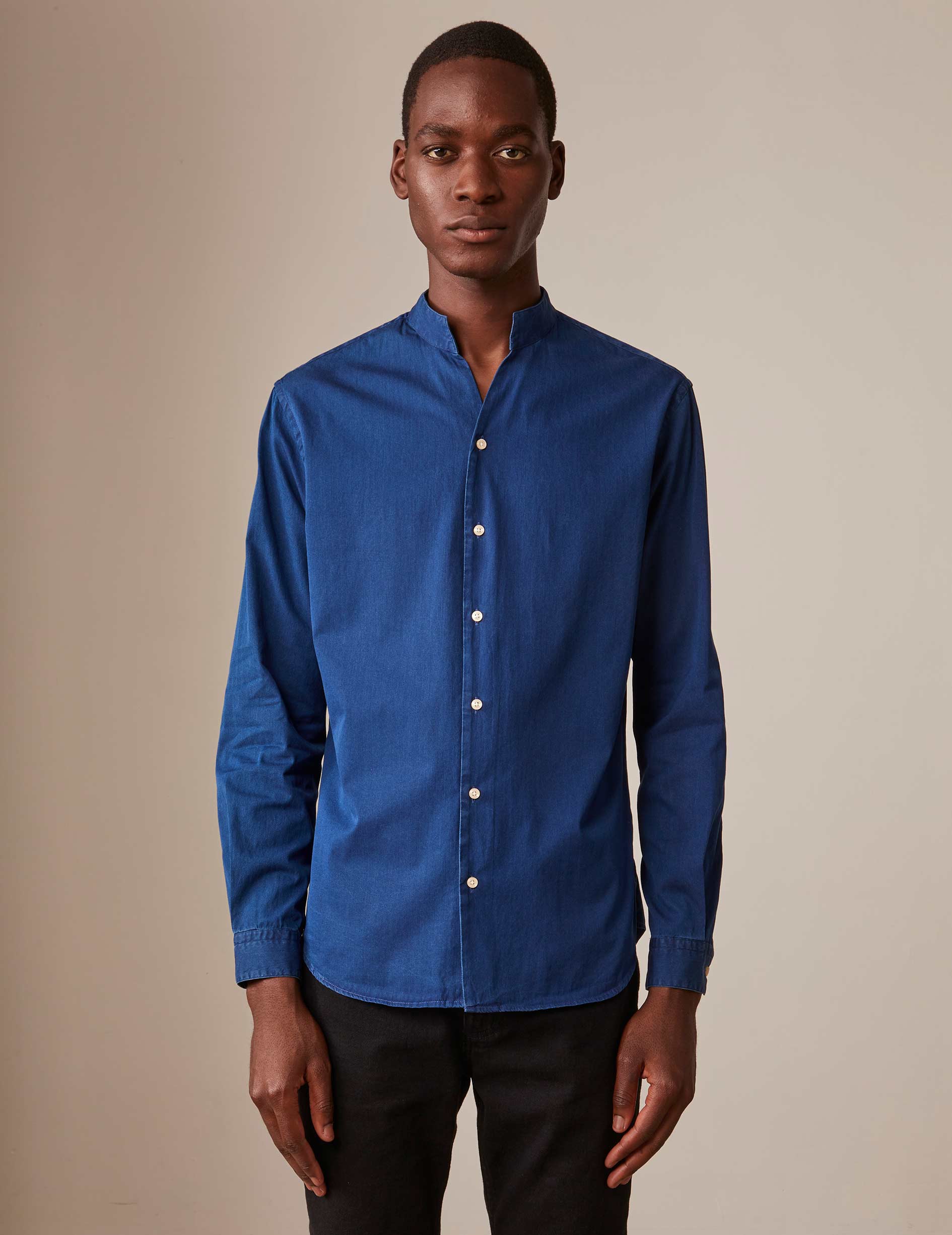 Navy blue denim Carl shirt - Twill - Open straight Collar