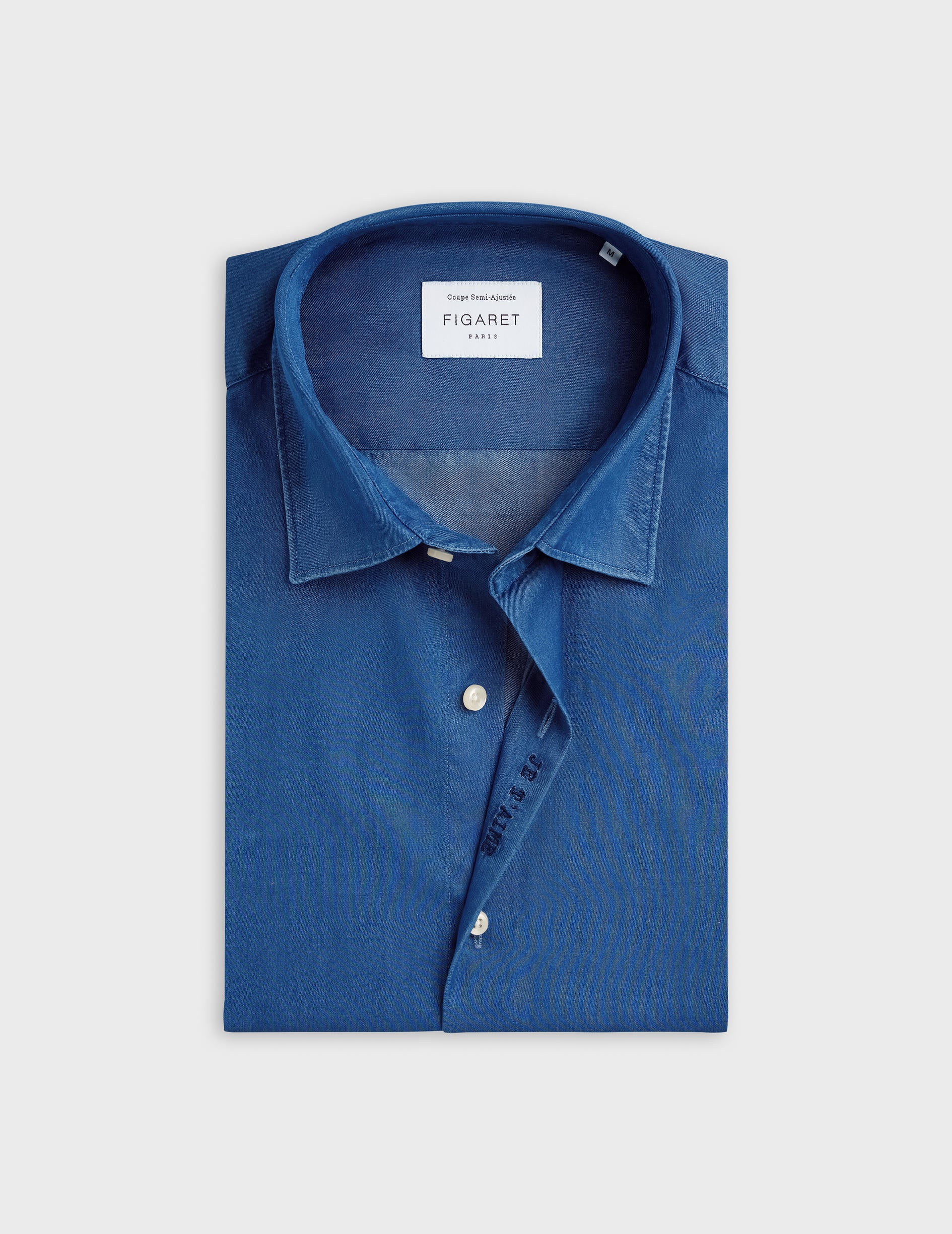 Unisex Blue denim "Je t'aime" shirt - Denim - Figaret Collar