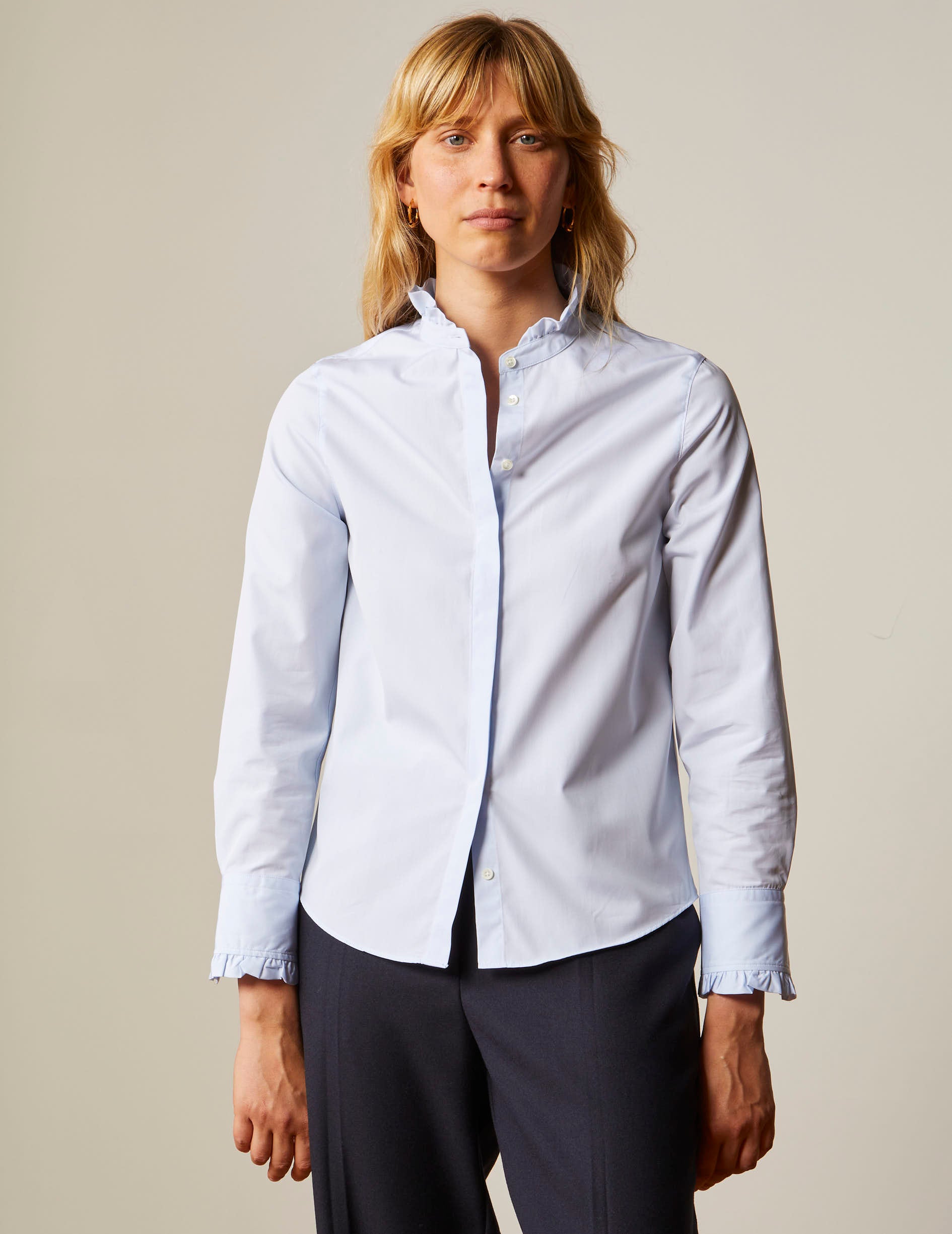 Blue Louison shirt with Hidden buttons placket - Poplin - Victorian Collar