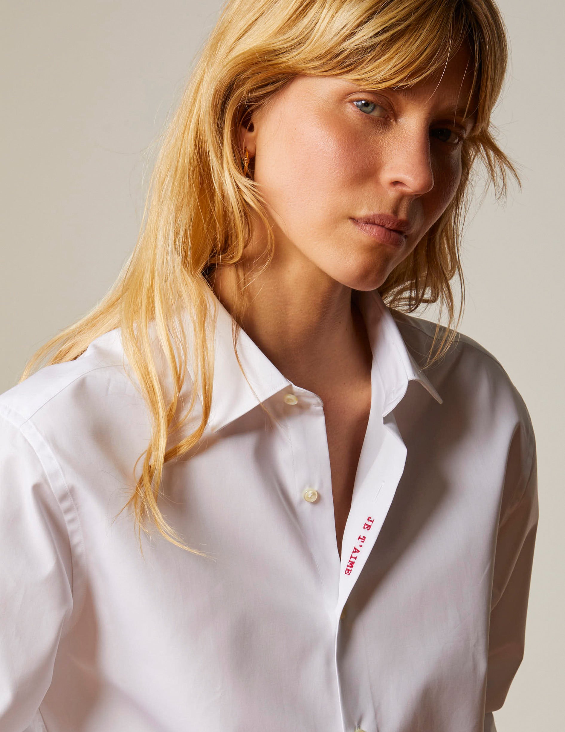 Unisex white "Je t'aime" shirt - Poplin - Figaret Collar