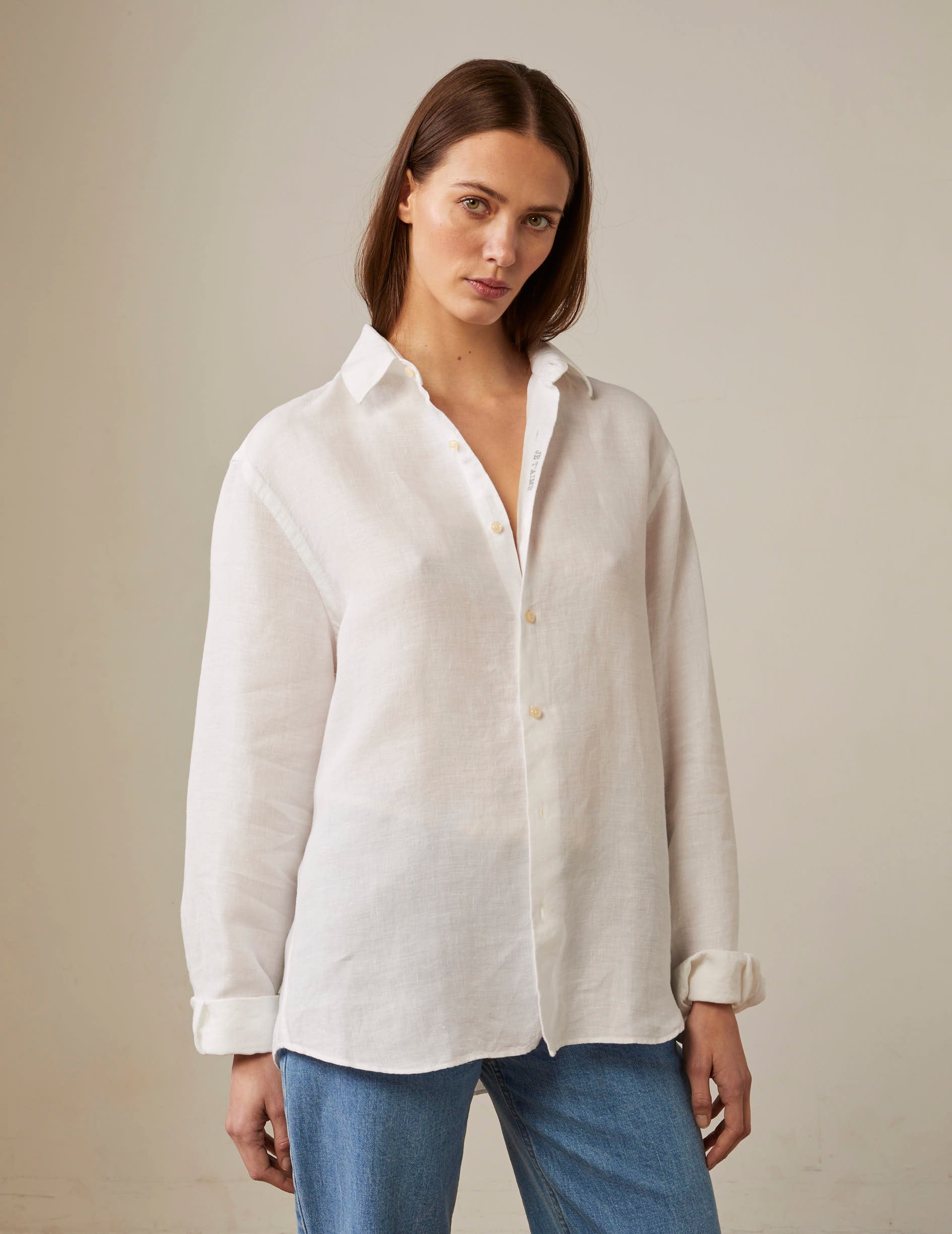 Unisex White linen "Je t'aime" shirt - Linen - Figaret Collar