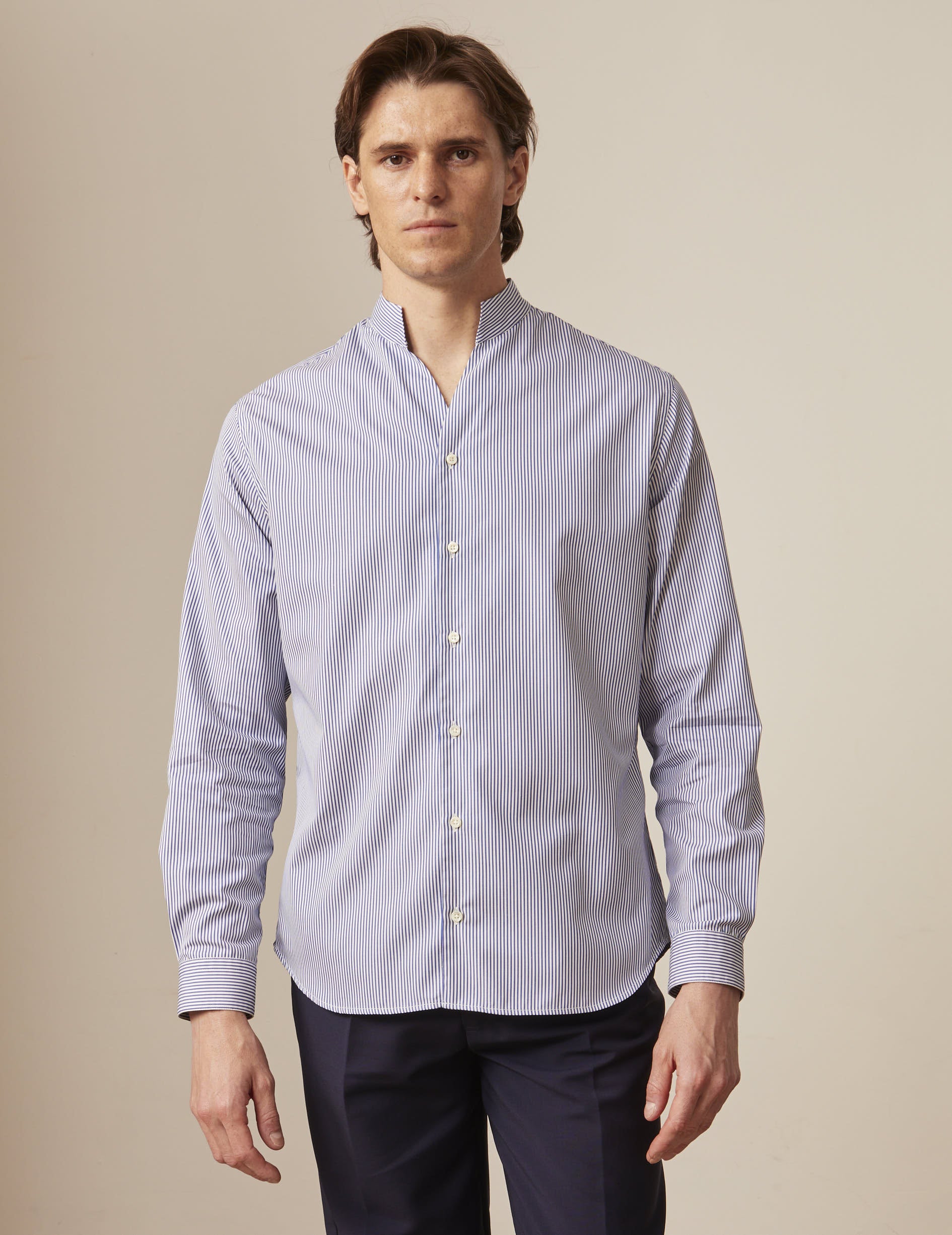 Blue striped Carl shirt - Poplin - Open straight Collar
