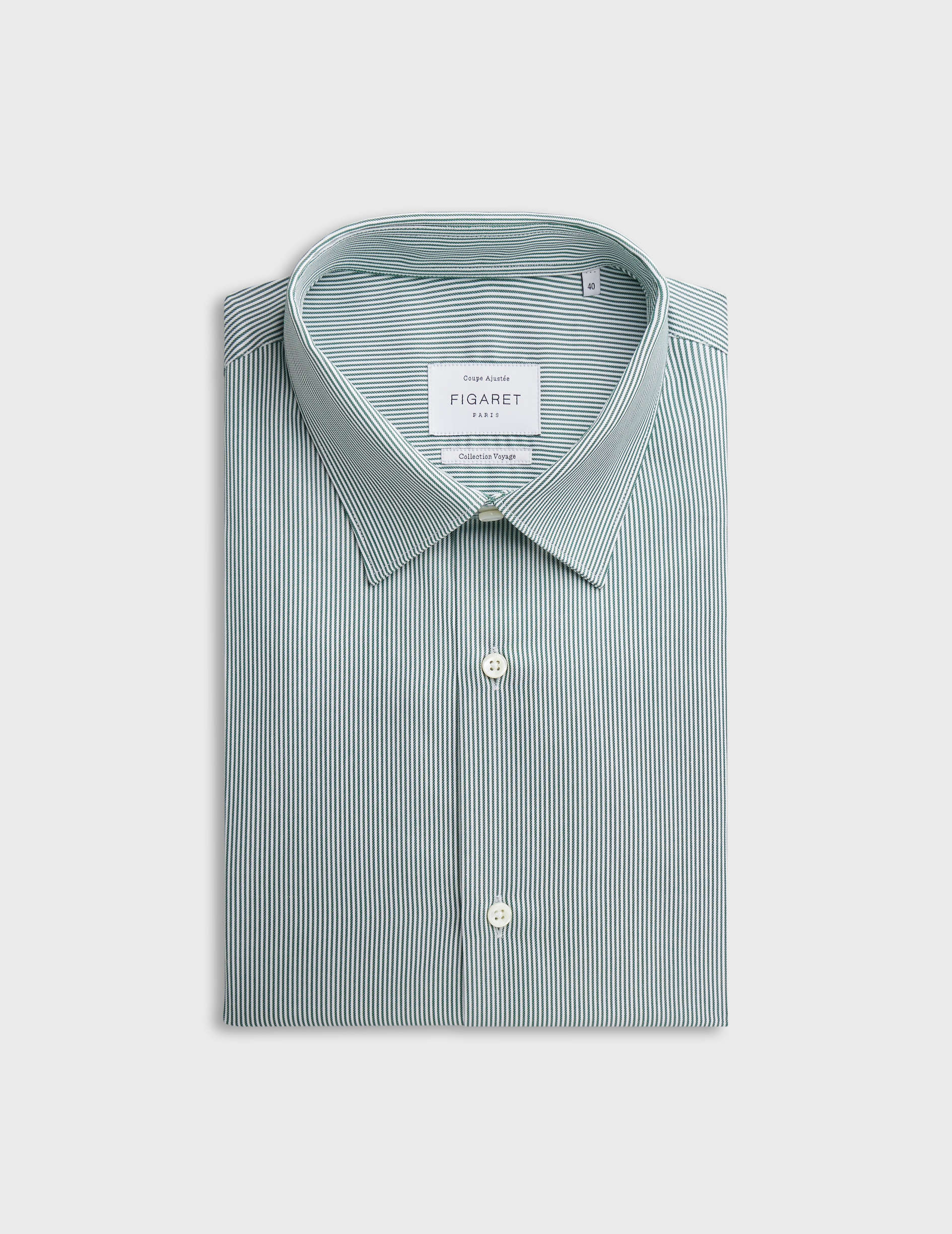 Fitted green striped easy-iron shirt - Twill - Figaret Collar - Easy-iron