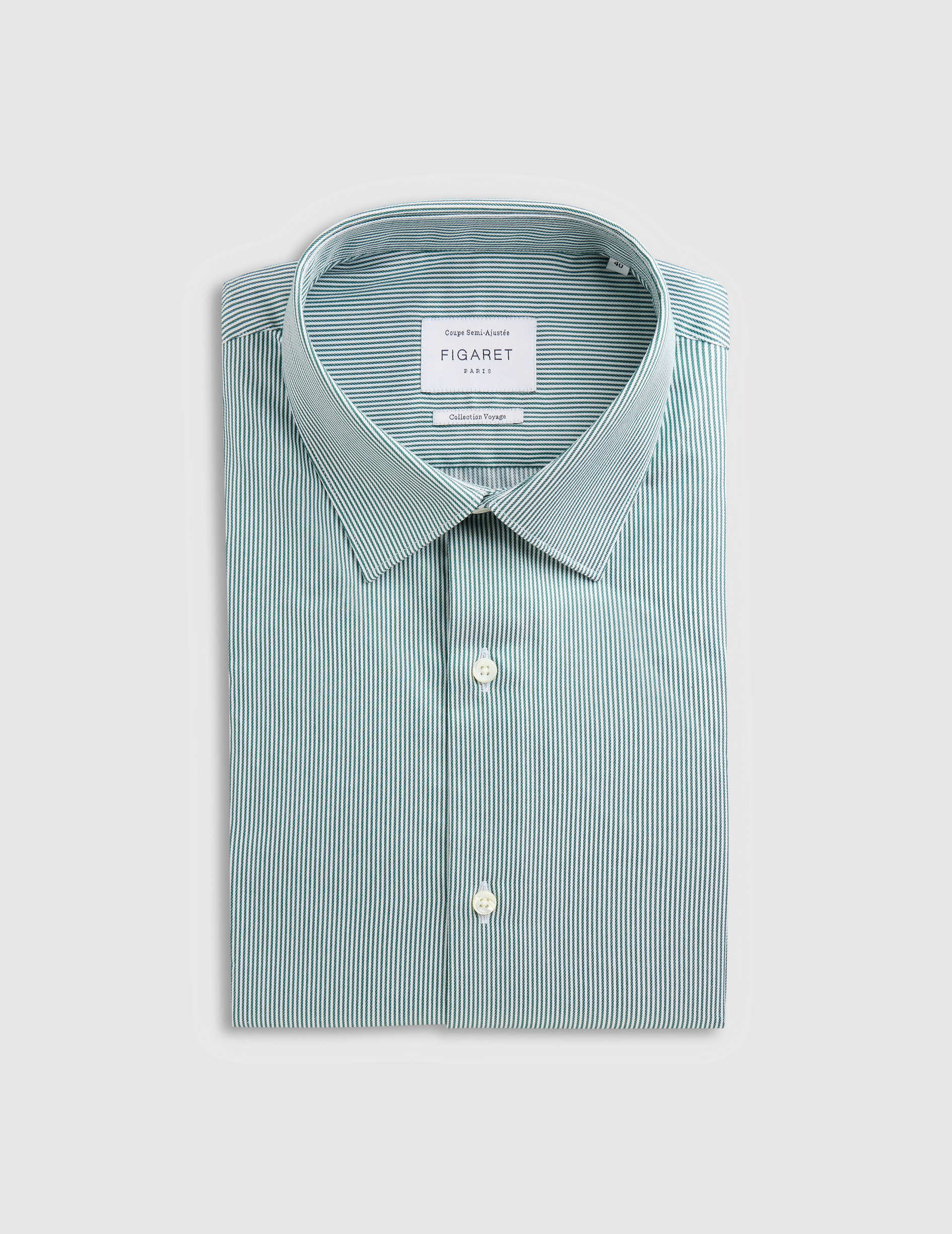 Semi-fitted green striped easy-iron shirt - Twill - Figaret Collar - Easy-iron