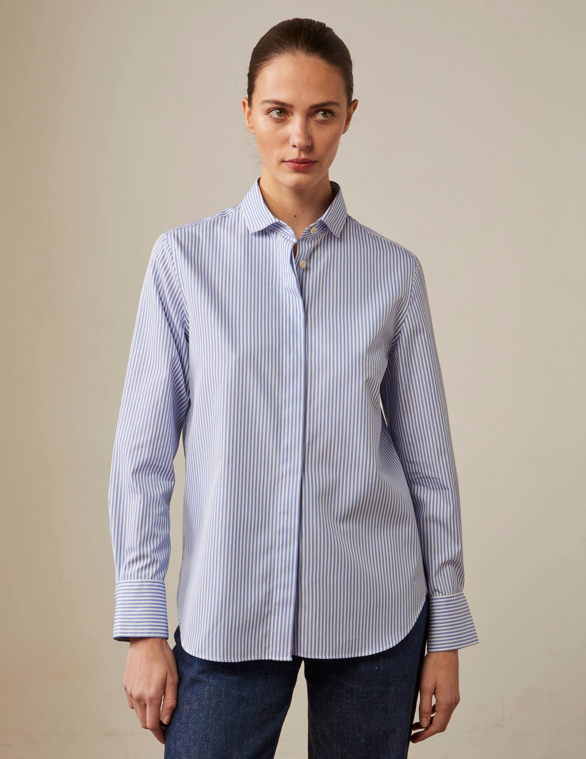 blue Striped hidden buttons placket Caroline shirt - Poplin - Italian Collar