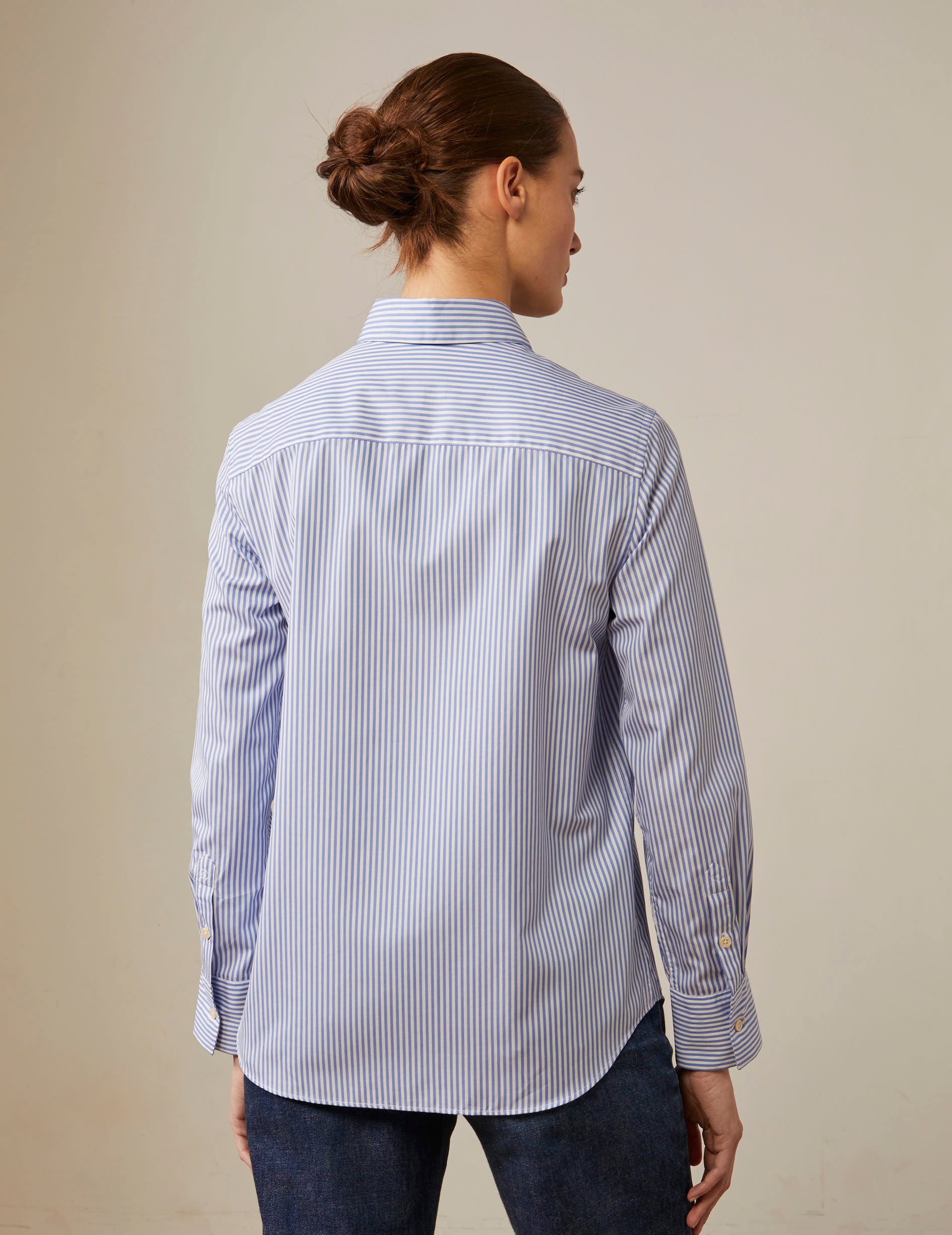 blue Striped hidden buttons placket Caroline shirt - Poplin - Italian Collar