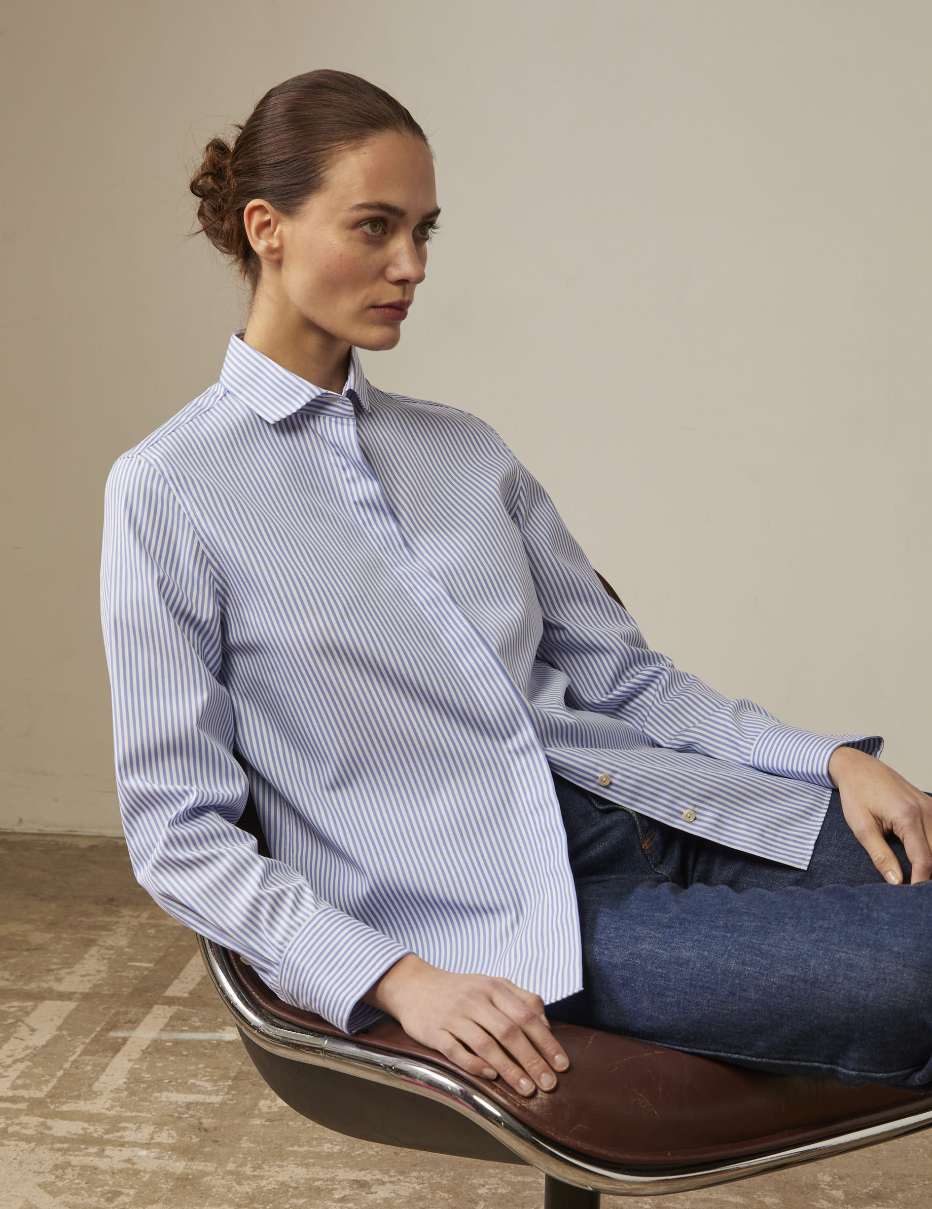 blue Striped hidden buttons placket Caroline shirt - Poplin - Italian Collar