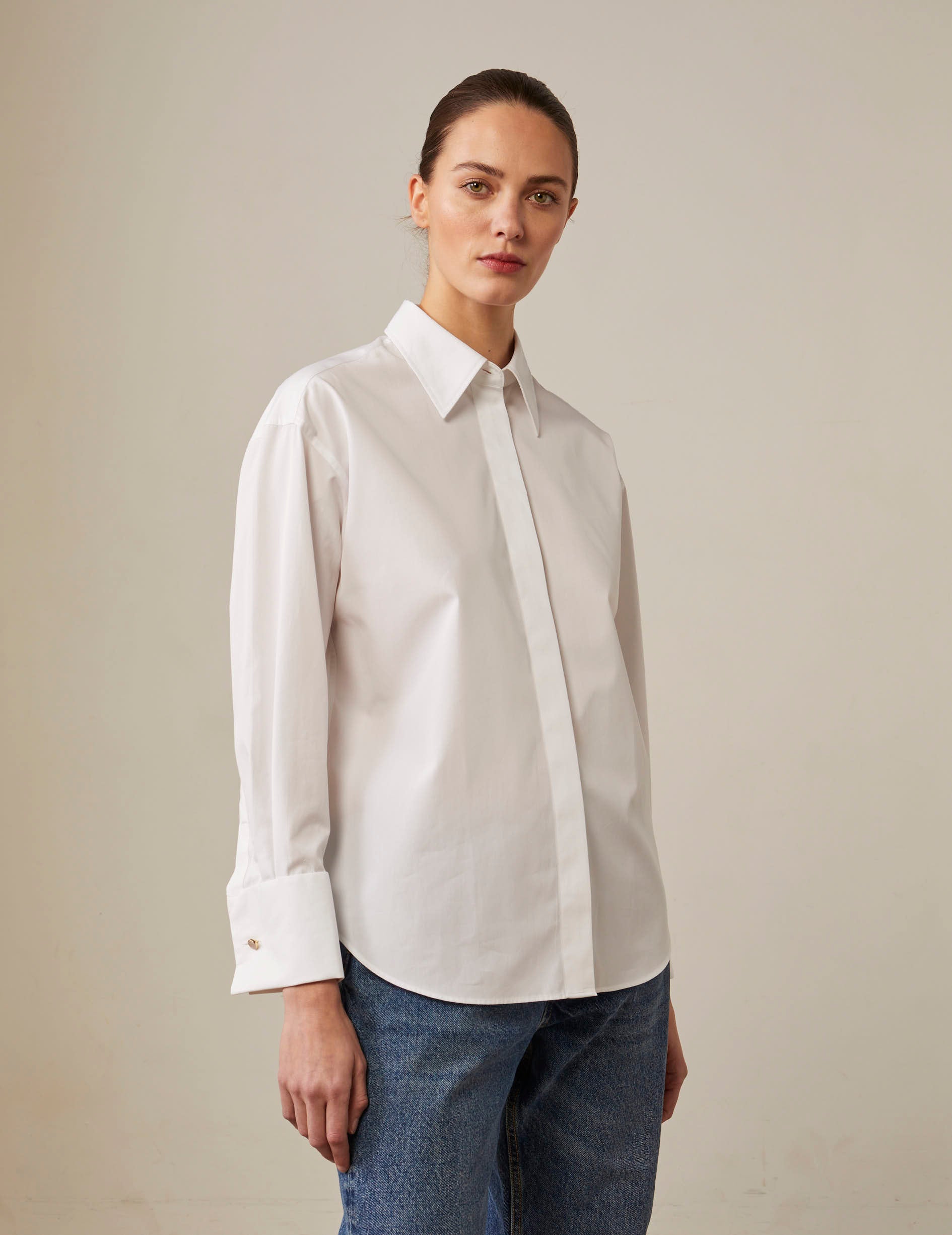 White hidden buttons placket Hillie Shirt - Poplin - French Cuffs