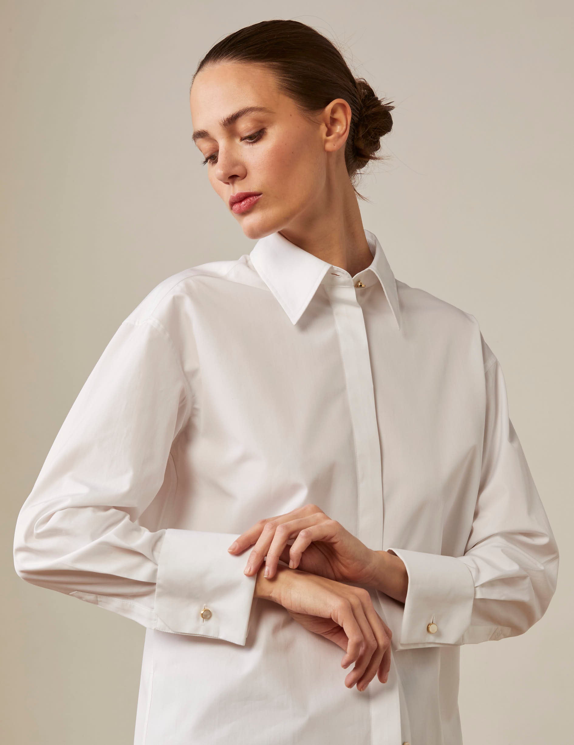 White hidden buttons placket Hillie Shirt - Poplin - French Cuffs