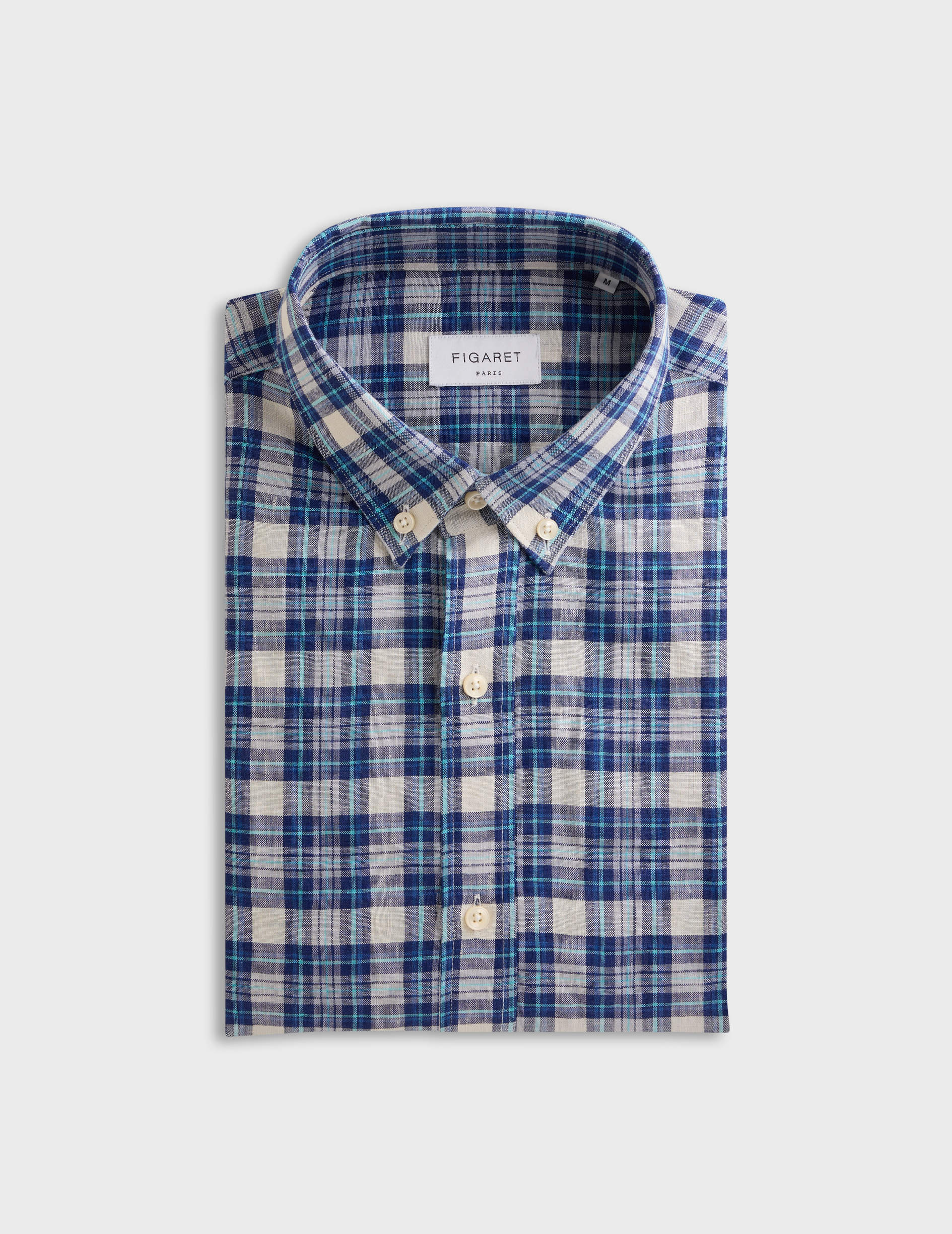Gaspard navy blue linen checked shirt - Linen - American Collar