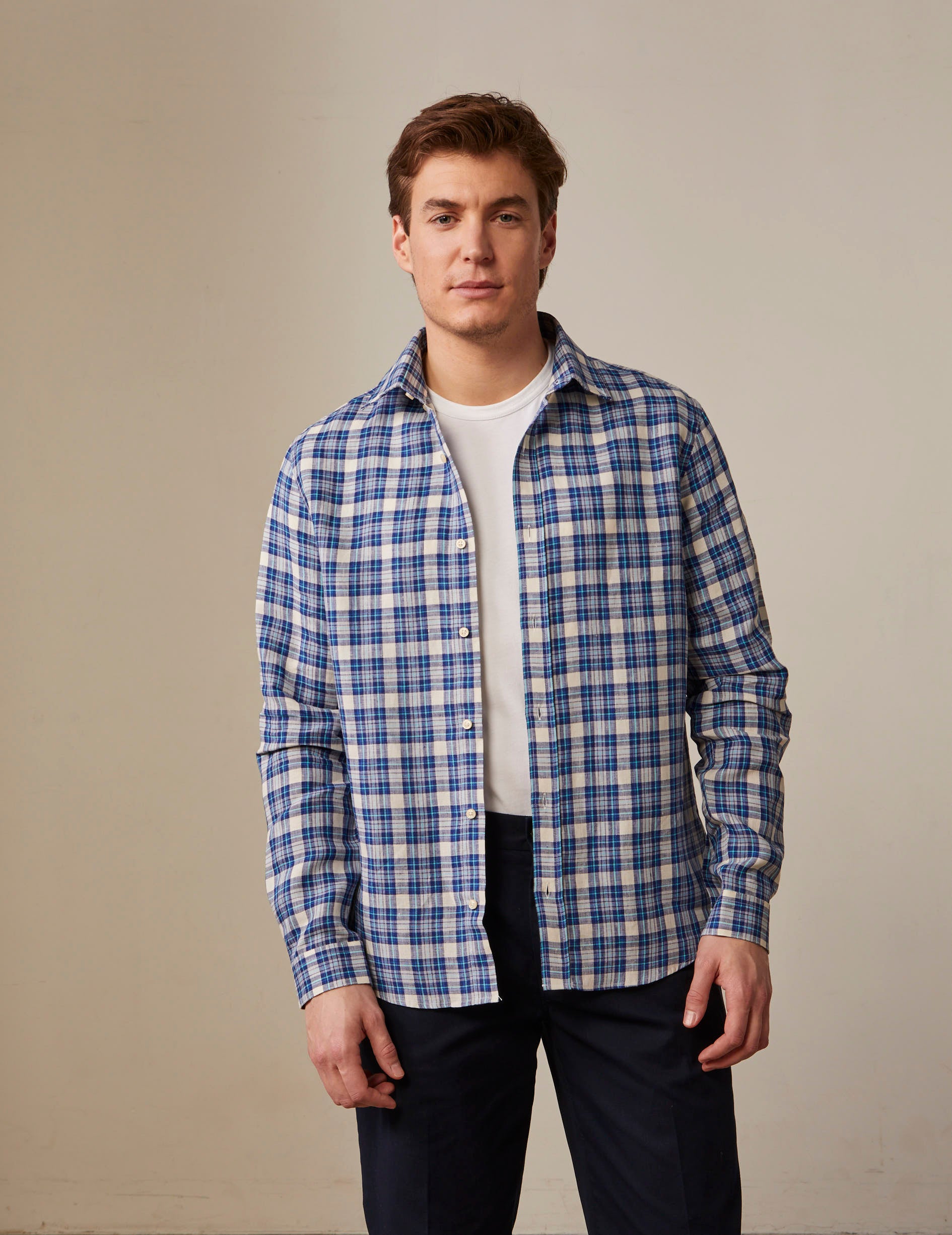 Gaspard navy blue linen checked shirt - Linen - American Collar