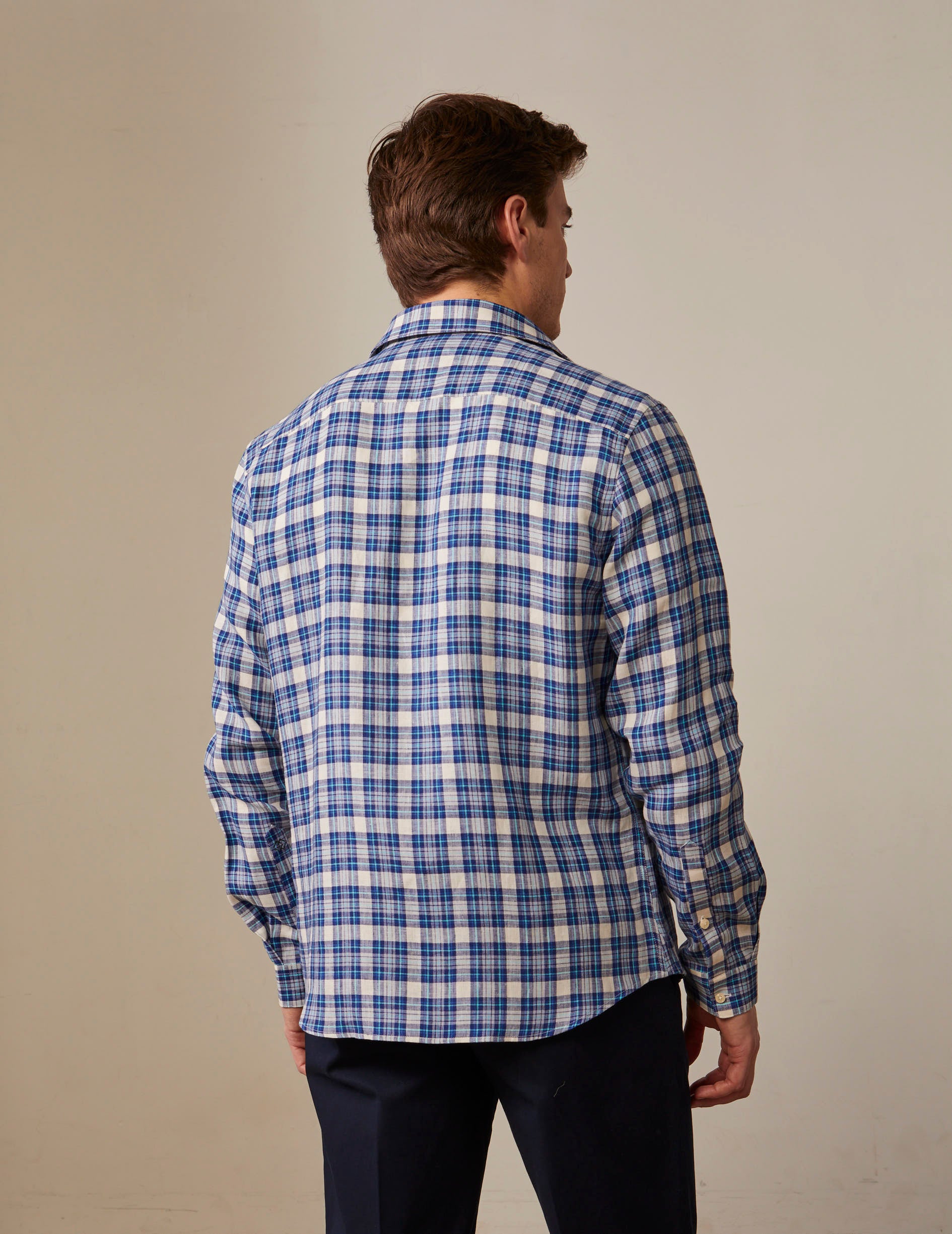 Gaspard navy blue linen checked shirt - Linen - American Collar