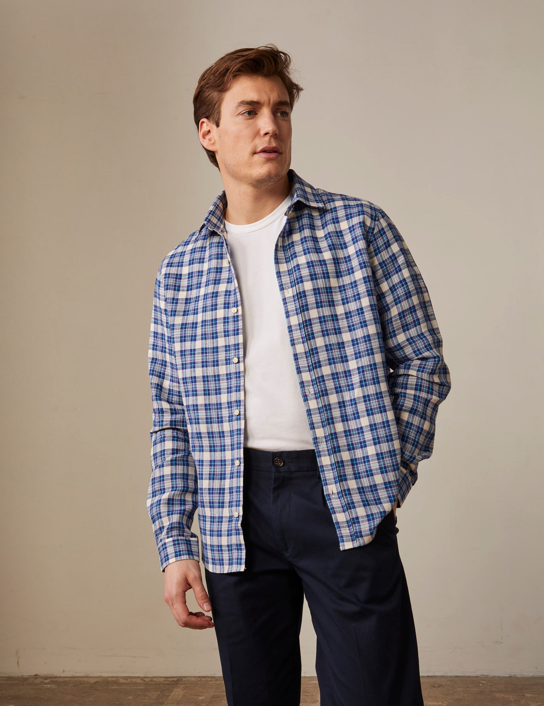 Gaspard navy blue linen checked shirt - Linen - American Collar