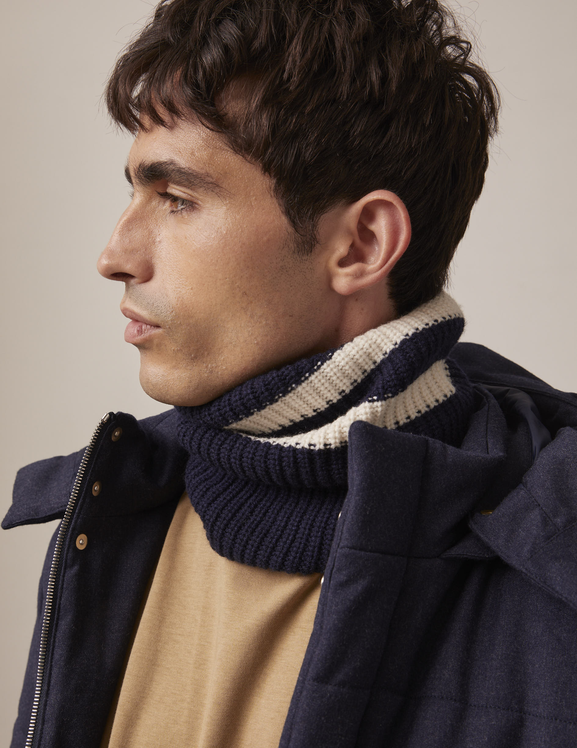 Navy and ecru knit and cashmere neck warmer