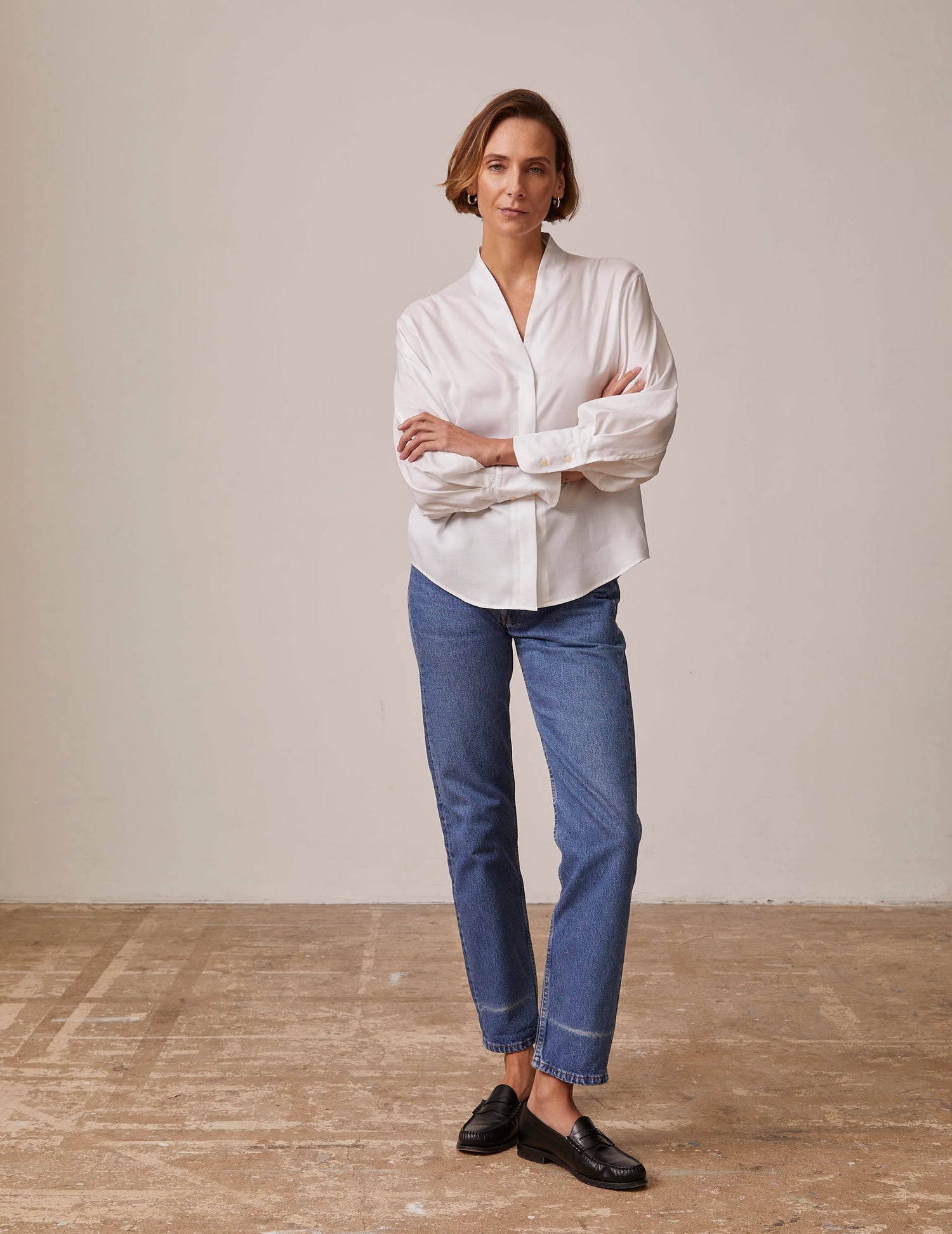 White Hidden buttons placket Ilena shirt - Lyocell - Rising shawl Collar#3