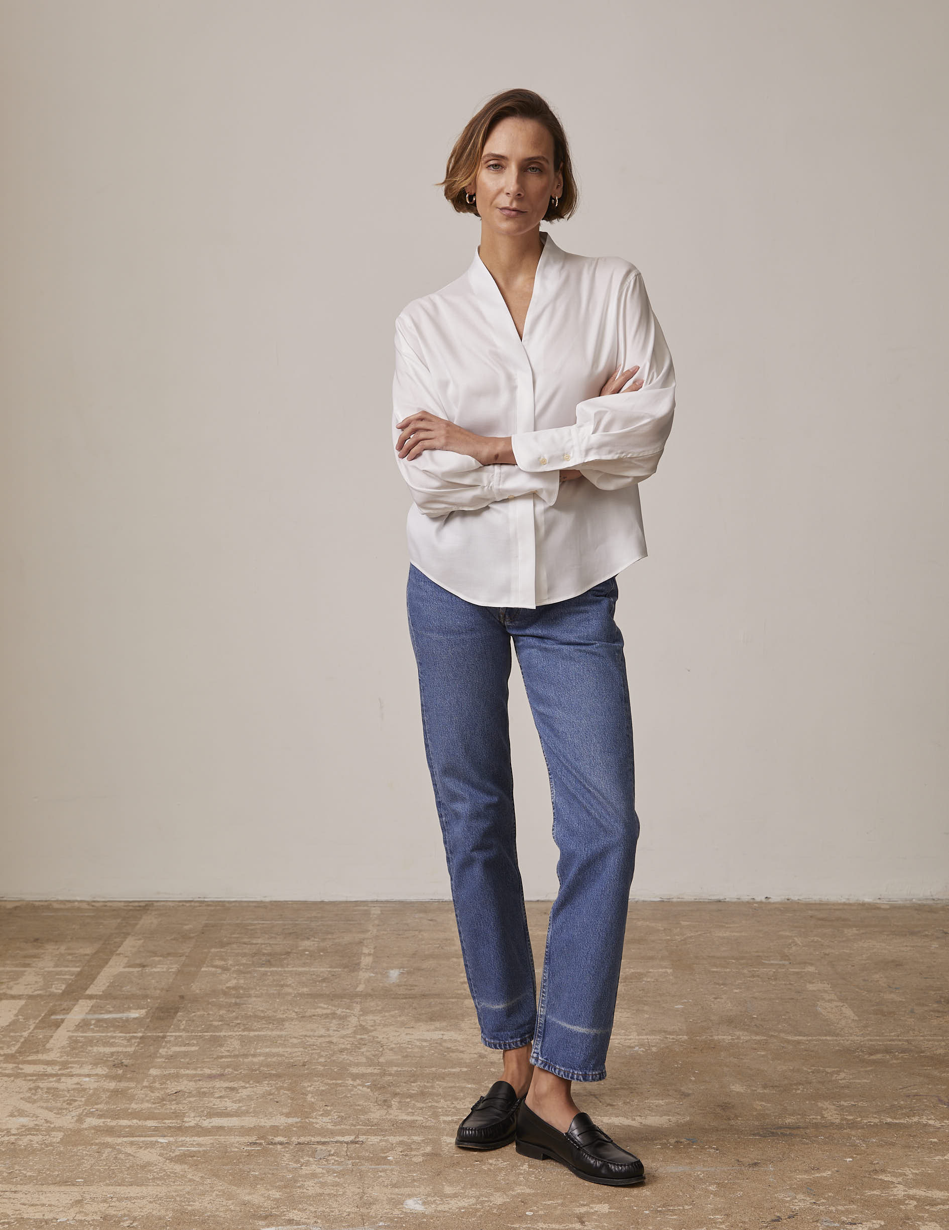 White Hidden buttons placket Ilena shirt - Lyocell - Rising shawl Collar