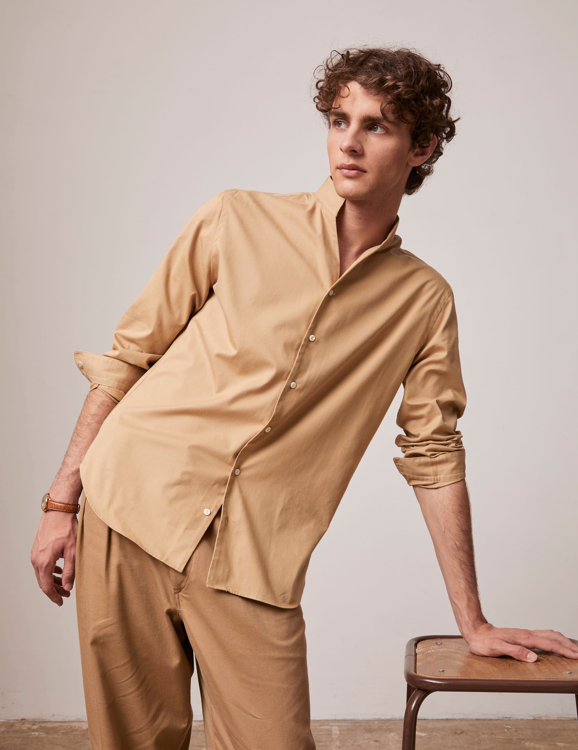 Beige Carl shirt - Twill - Open straight Collar