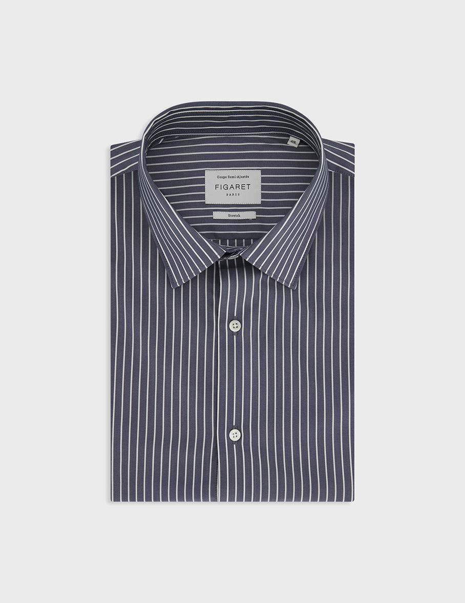 Navy striped semi-fitted shirt - Poplin - Figaret Collar