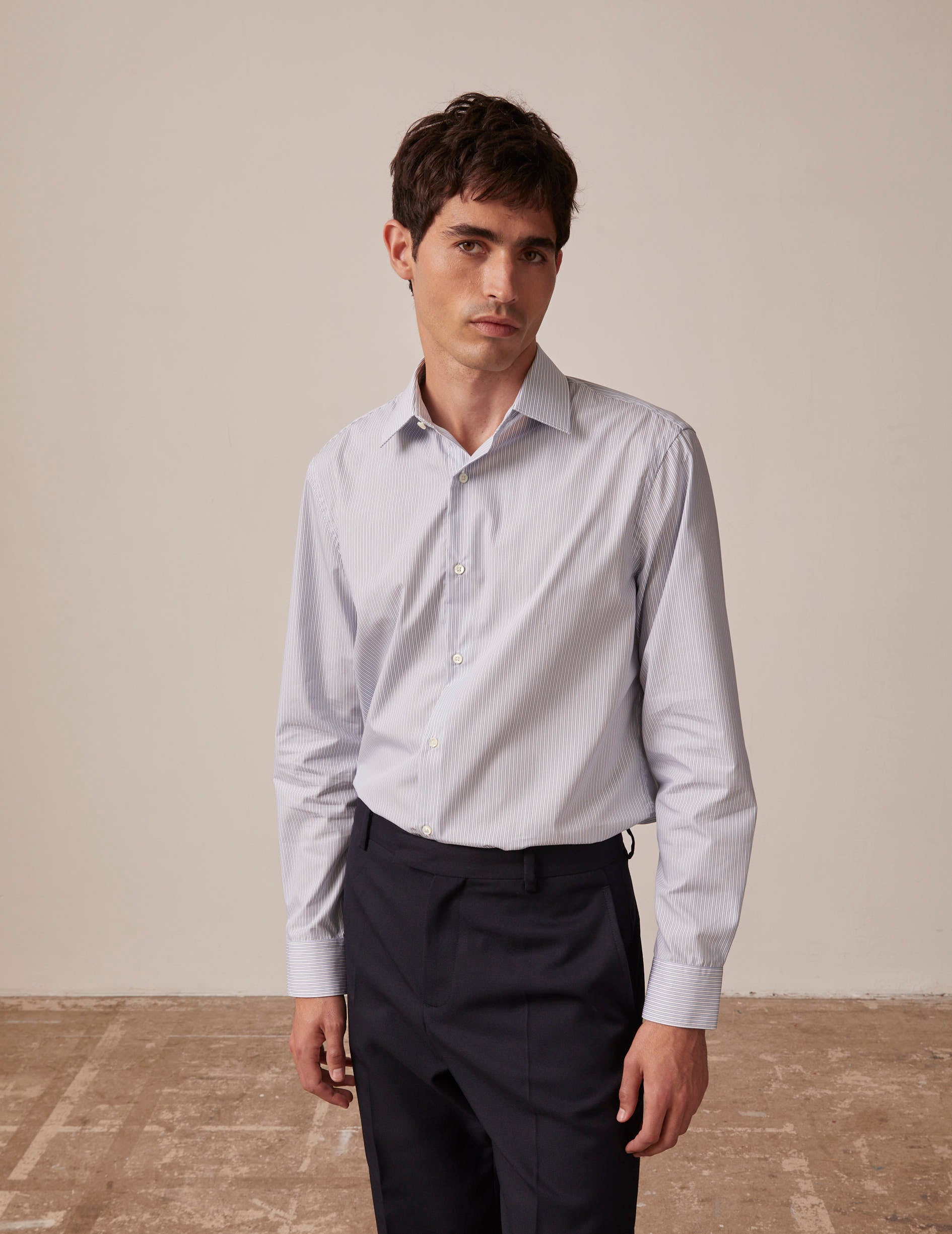 semi-fitted Blue striped easy-iron shirt - Poplin - Figaret Collar - Easy-iron