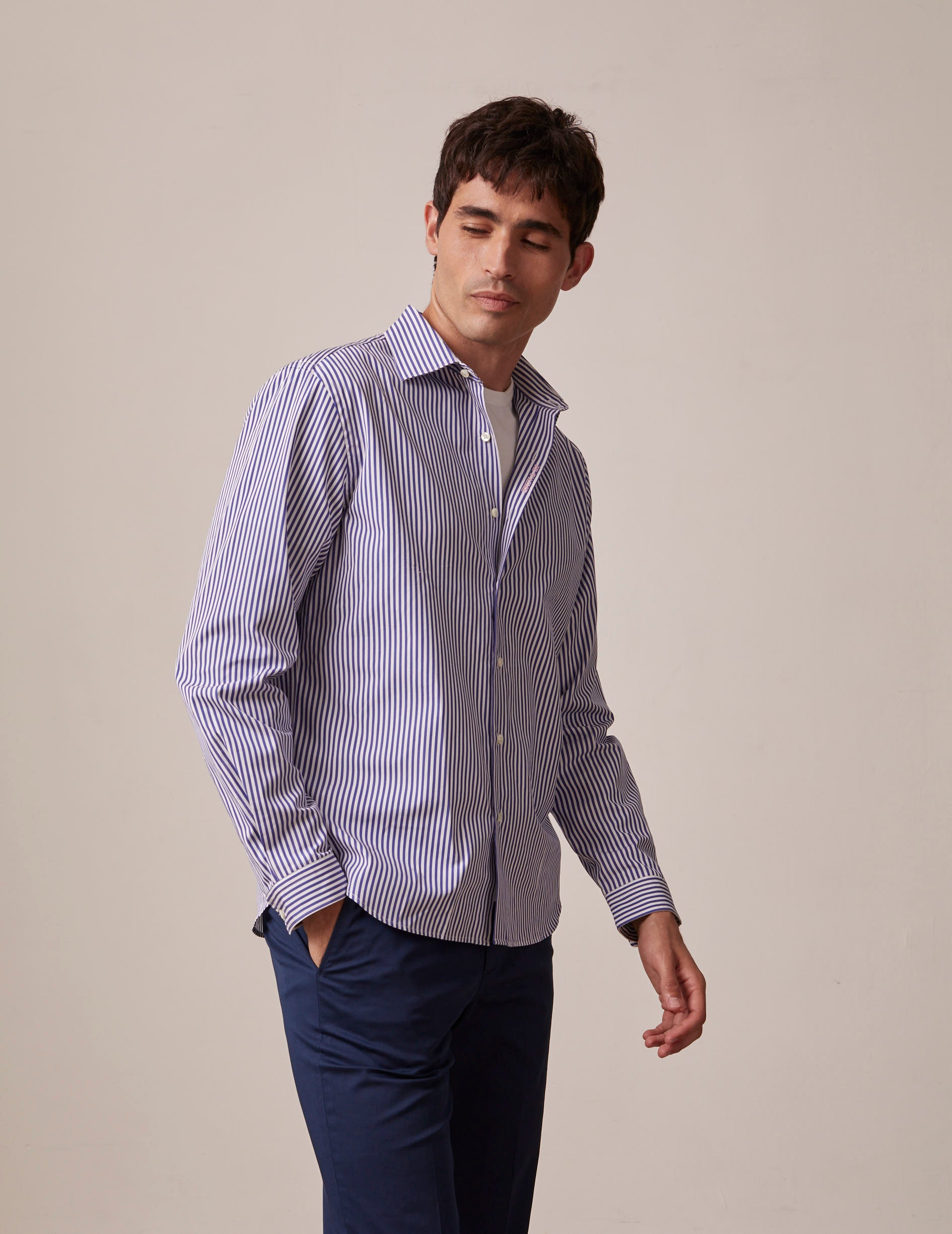 navy blue striped Unisex “Je t'aime” shirt with pink embroidery - Poplin - Figaret Collar