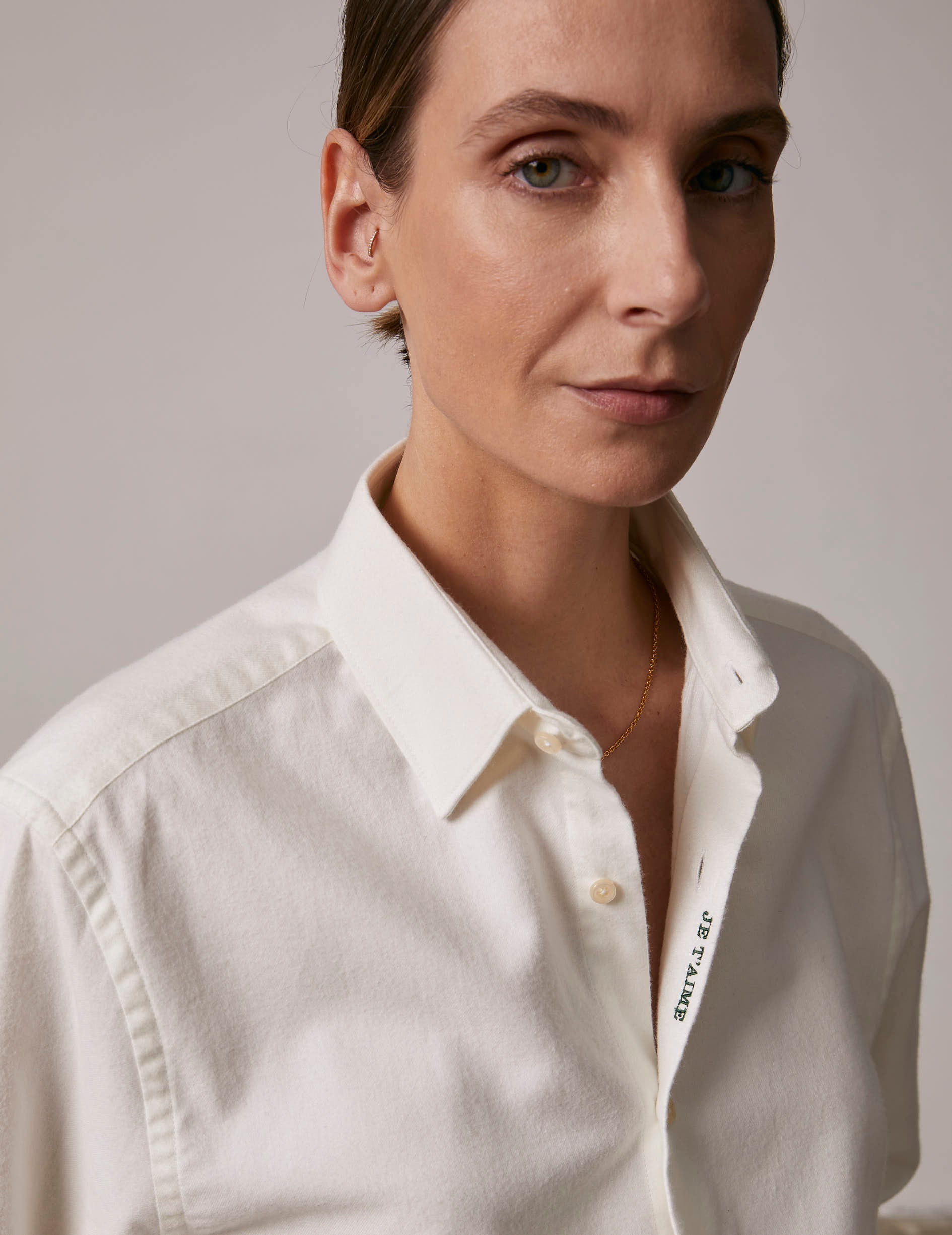 Unisex white "Je t'aime" shirt in cashmere cotton - Flannel - Figaret Collar