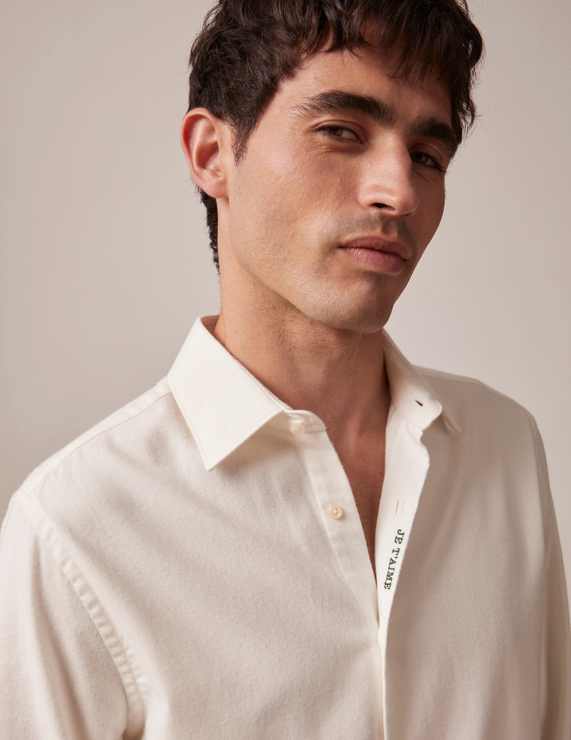 Unisex white "Je t'aime" shirt in cashmere cotton - Flannel - Figaret Collar