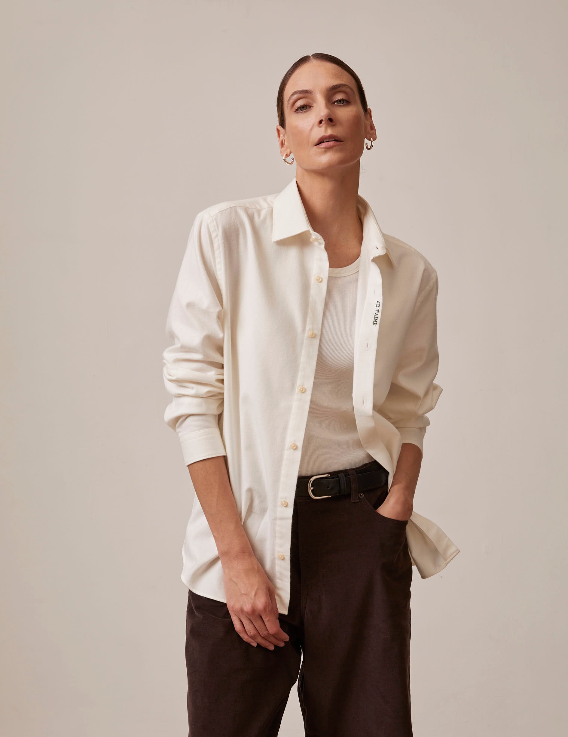 Unisex white "Je t'aime" shirt in cashmere cotton - Flannel - Figaret Collar