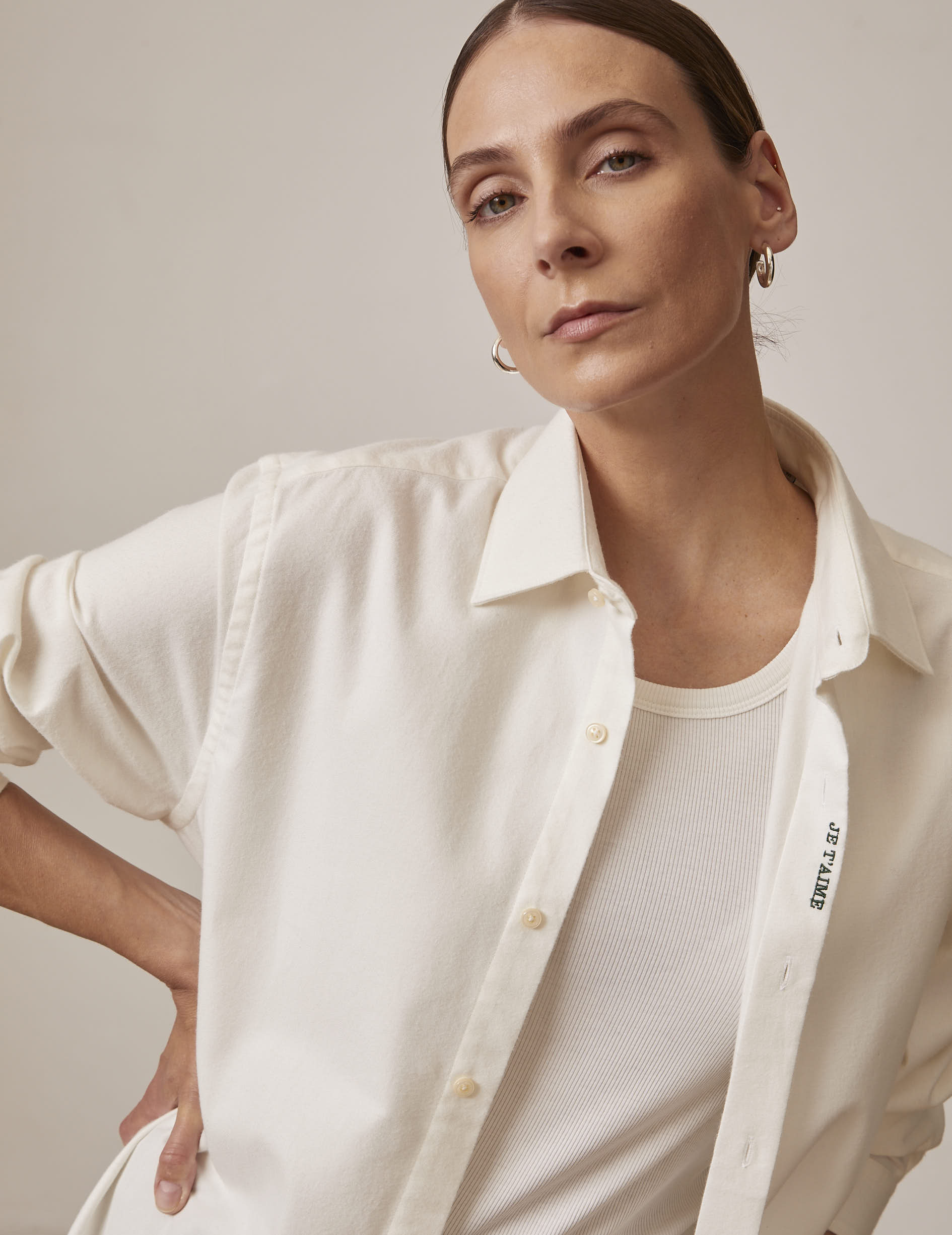 Unisex white "Je t'aime" shirt in cashmere cotton - Flannel - Figaret Collar