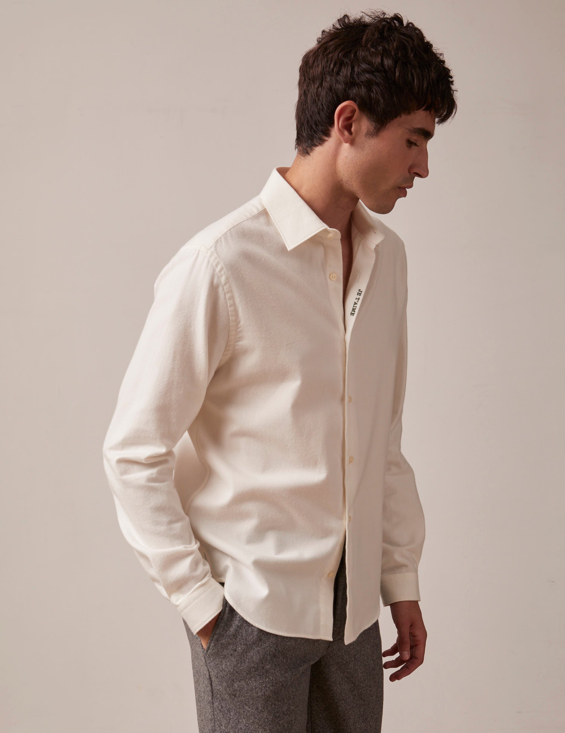 Unisex white "Je t'aime" shirt in cashmere cotton - Flannel - Figaret Collar