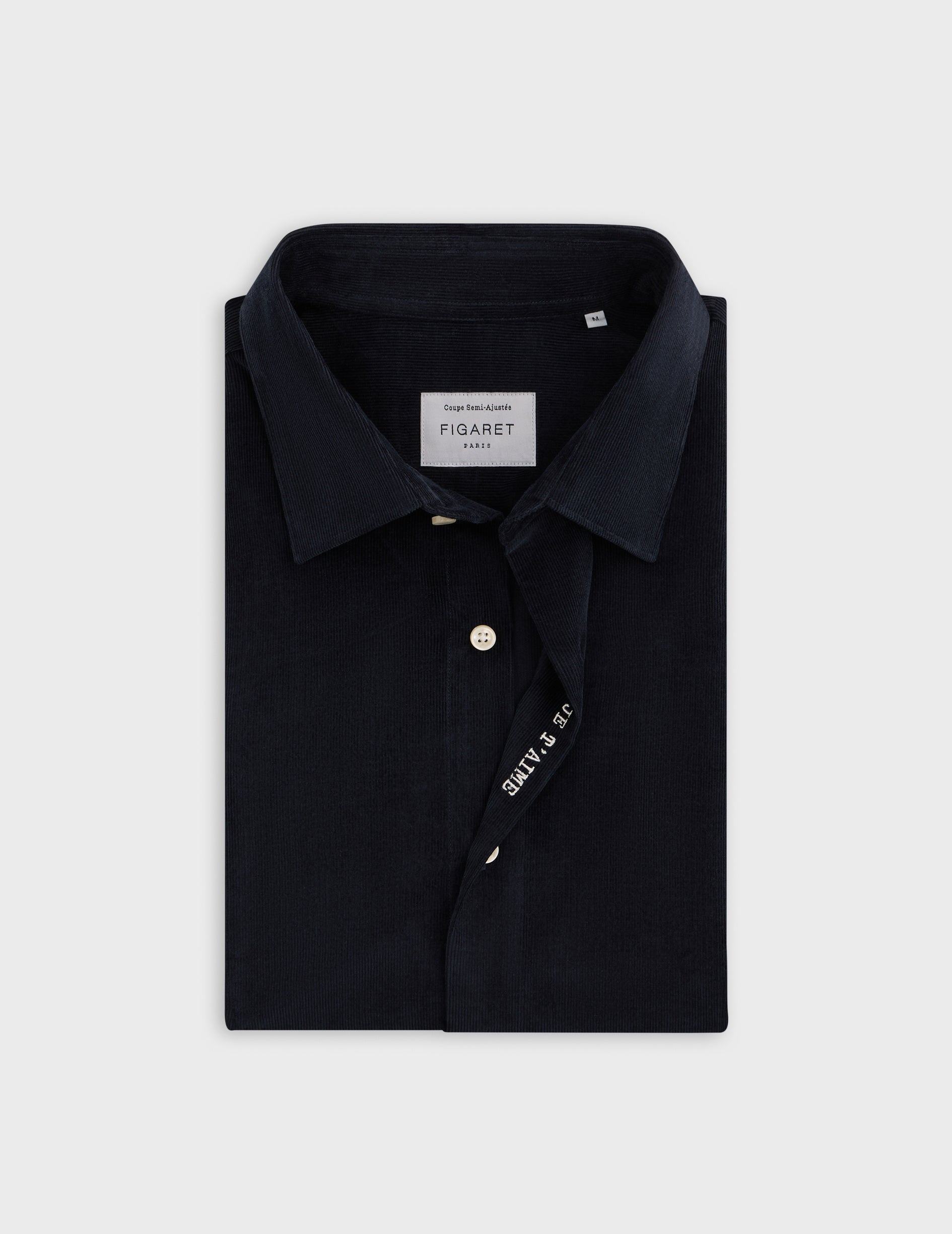 navy blue “Je t'aime” Unisex shirt with white embroidery - Velvet - Figaret Collar