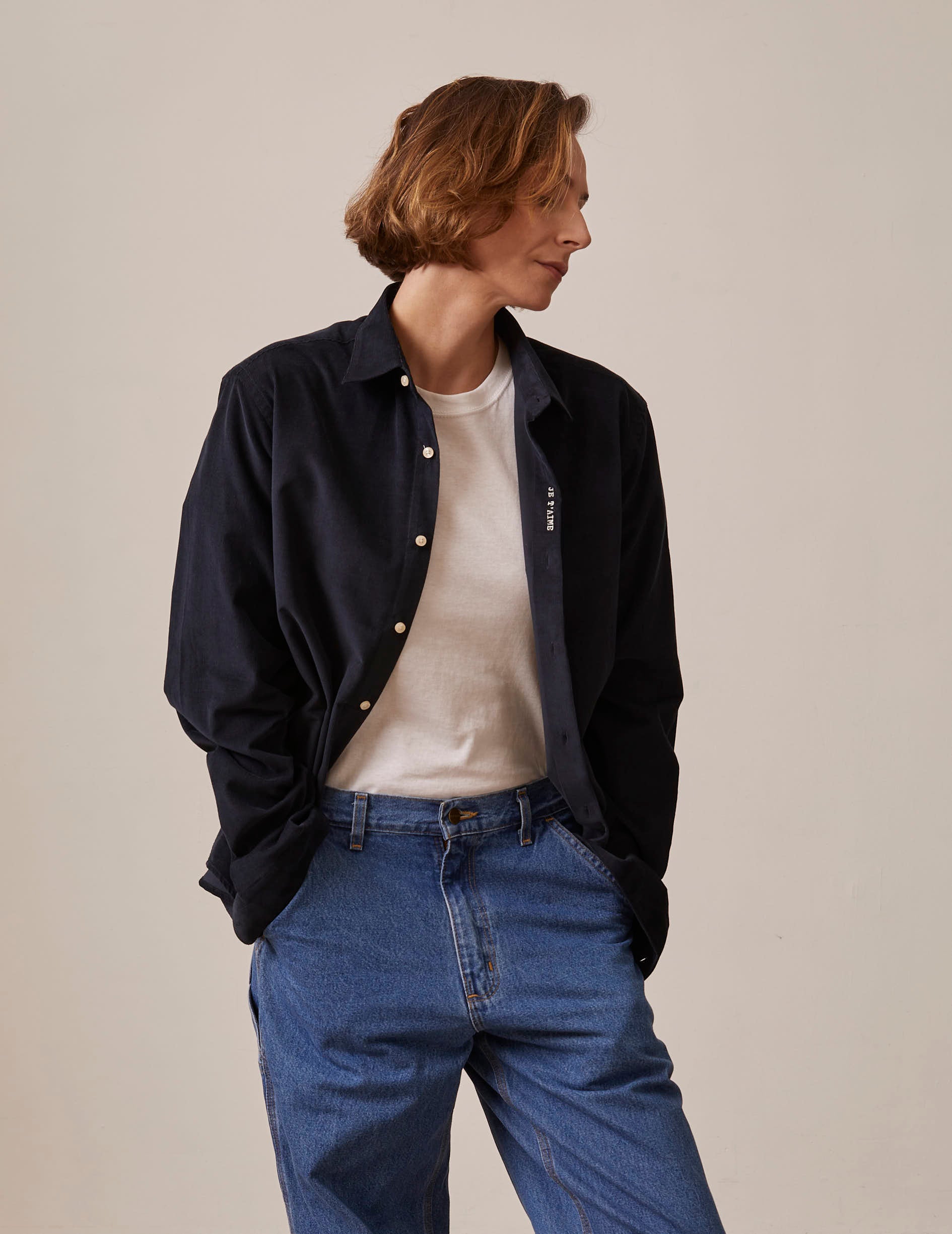 navy blue “Je t'aime” Unisex shirt with white embroidery - Velvet - Figaret Collar