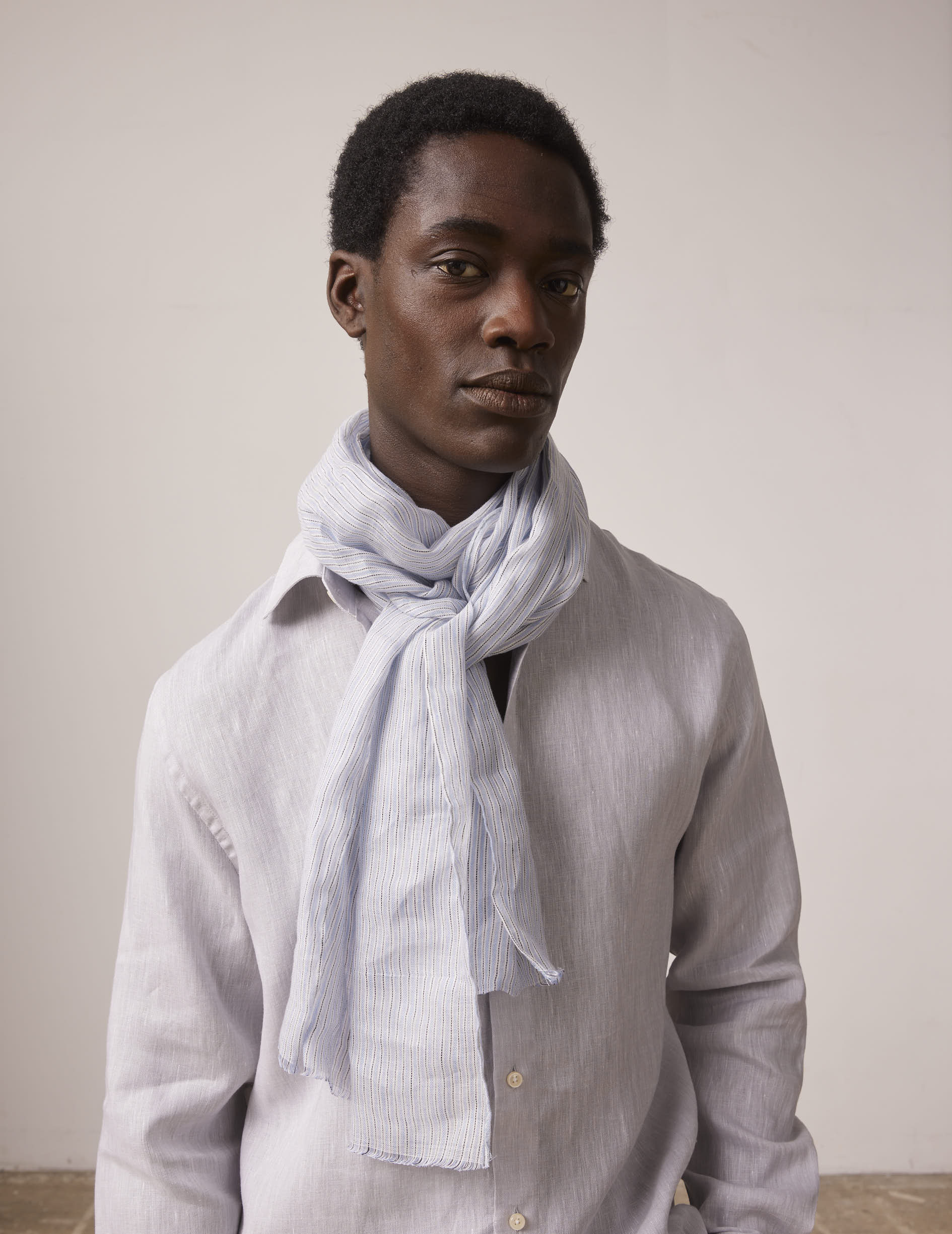 Scarf in striped blue linen and cotton