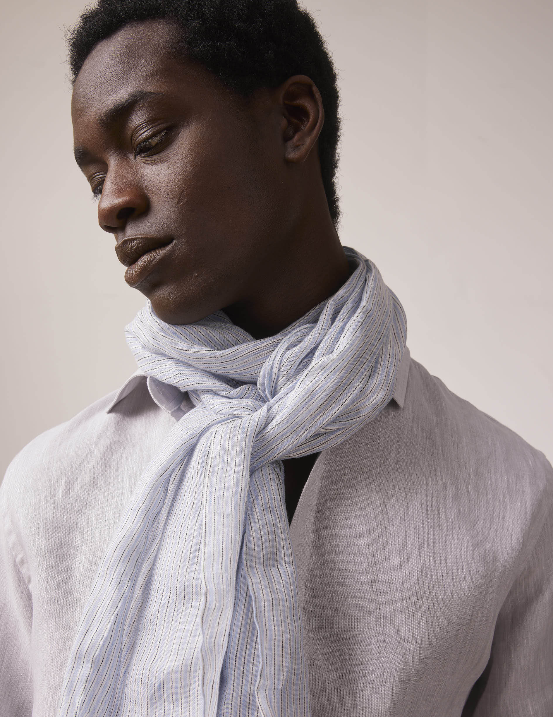 Scarf in striped blue linen and cotton