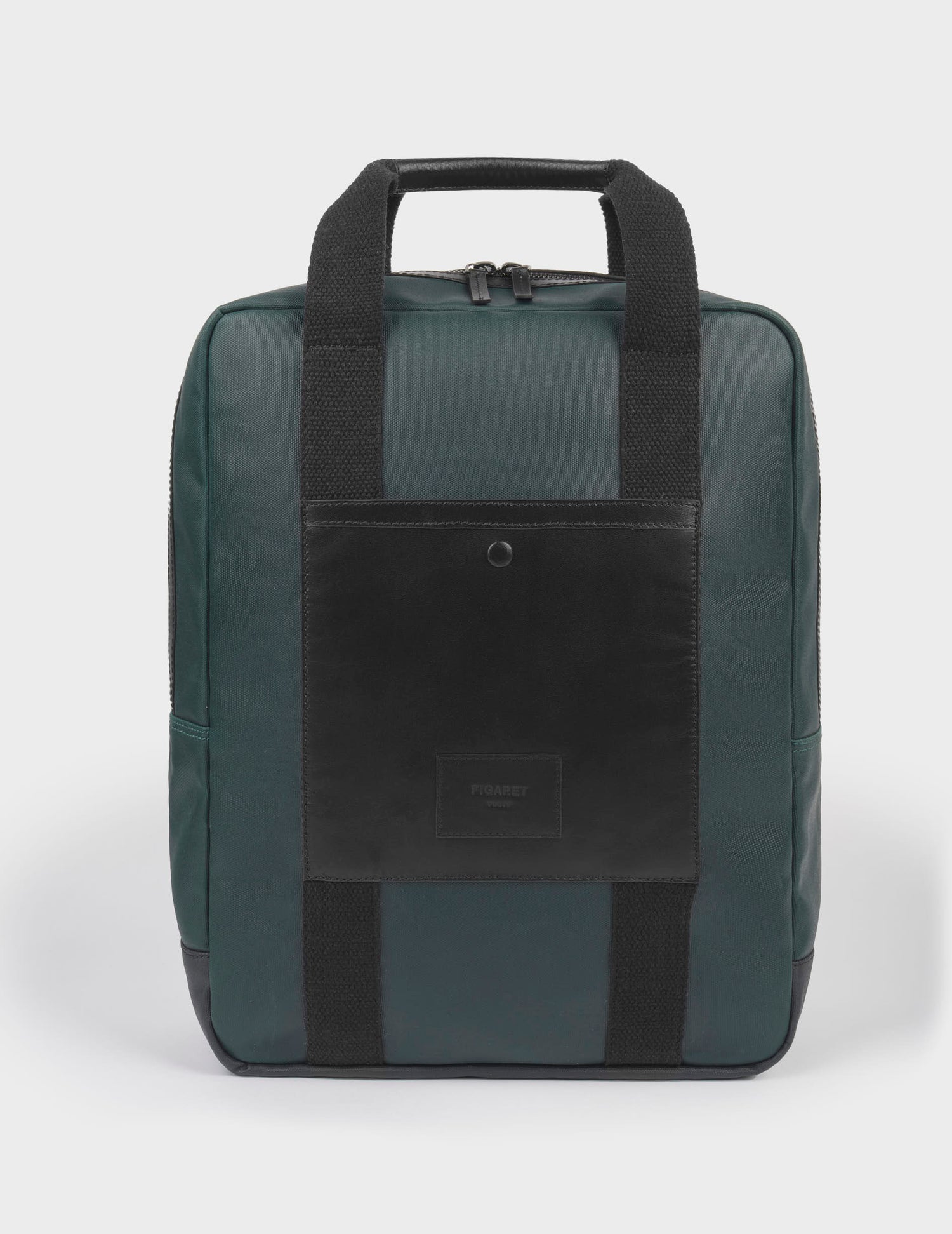 Coated canvas and green leather backpack