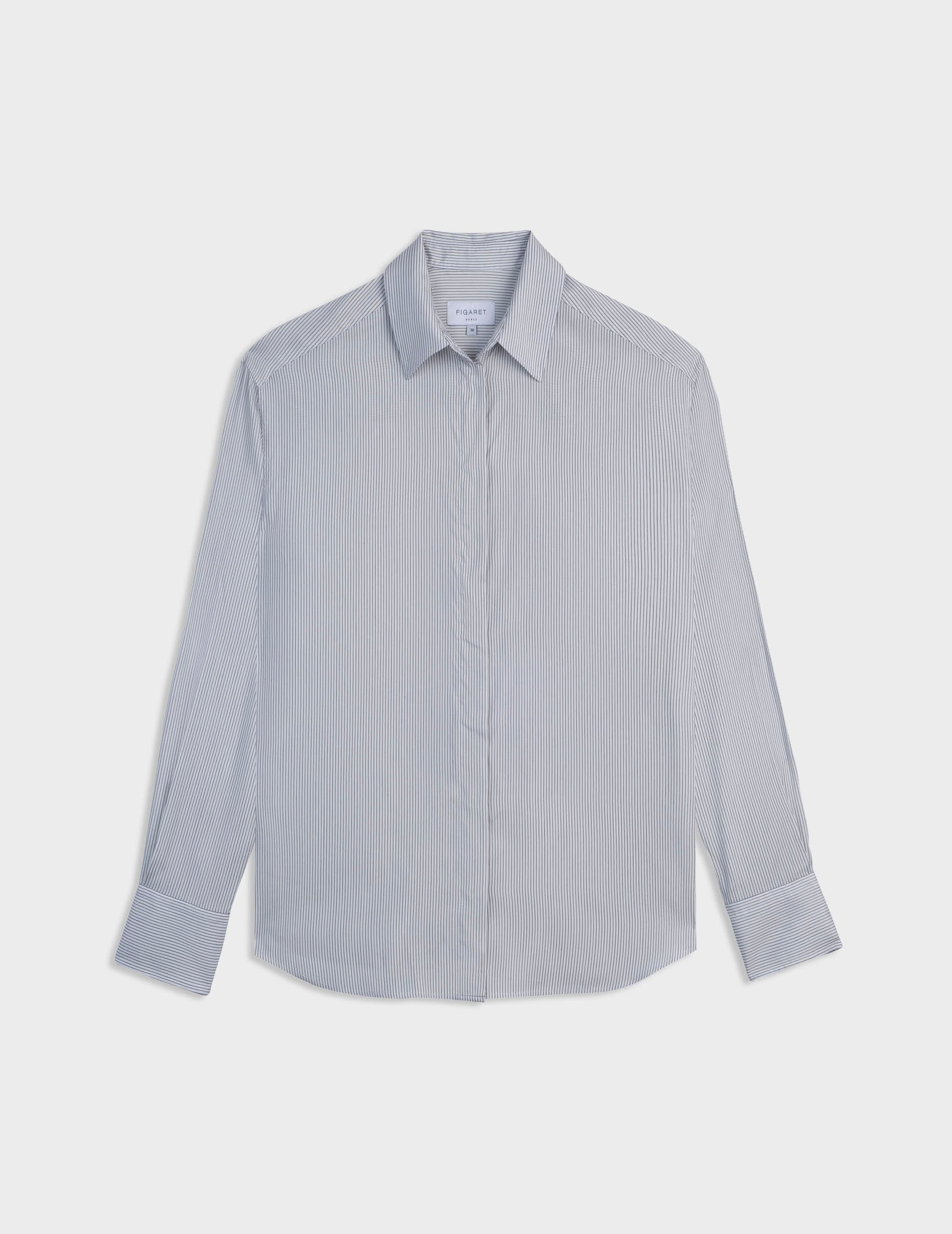 Navy blue striped silk Ambre shirt with hidden buttons placket - Silk - Shirt Collar