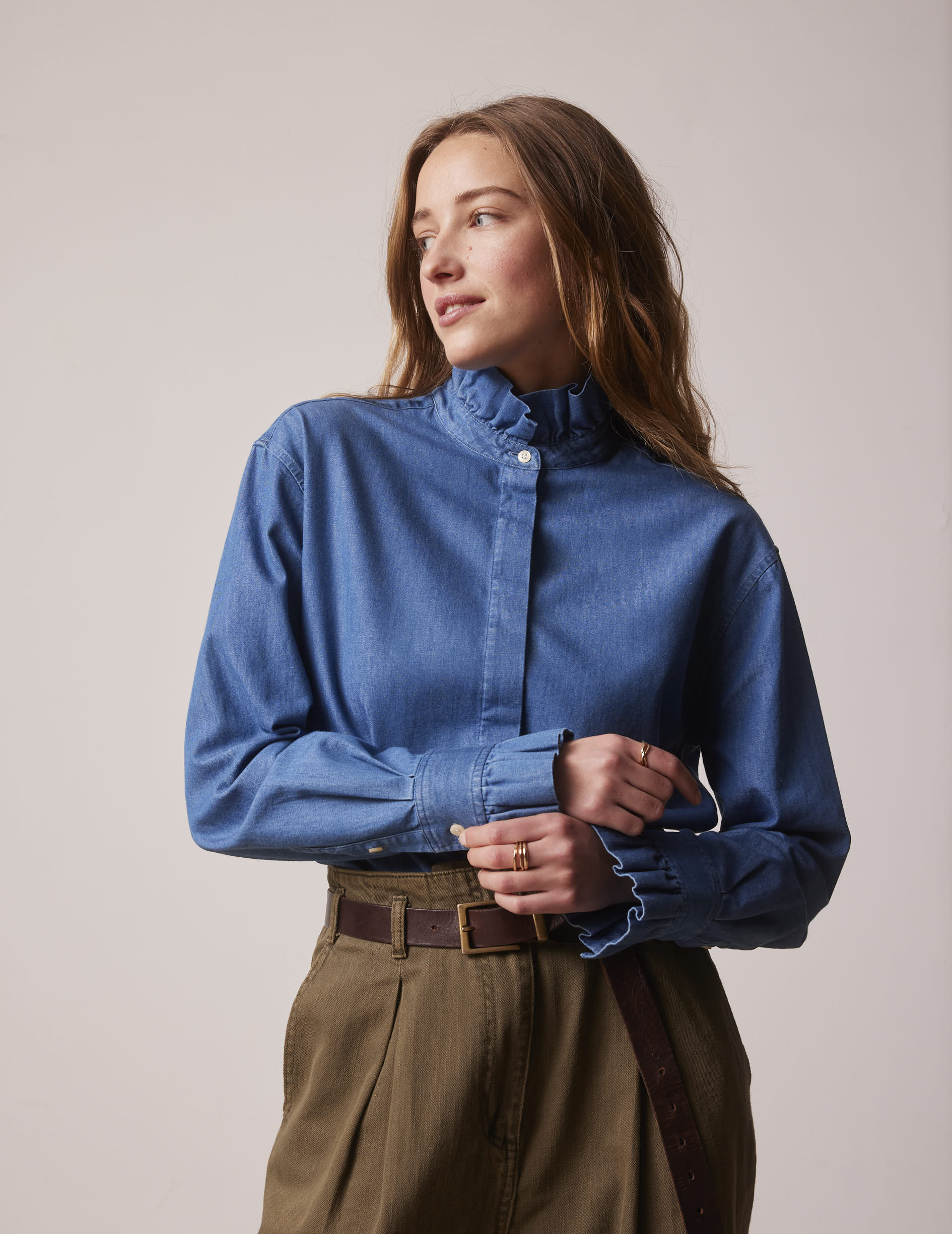 Blue denim Laurine shirt with hidden buttons placket - Denim - Victorian Collar