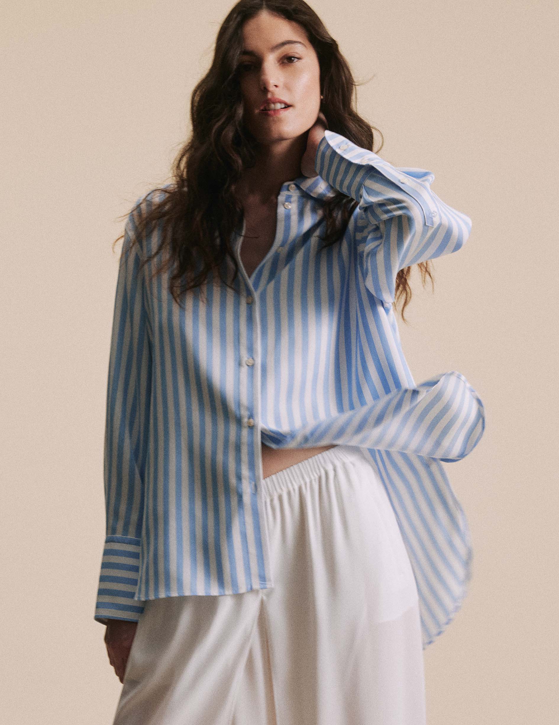 Oversized blue striped Léa shirt - Lyocell - Shirt Collar