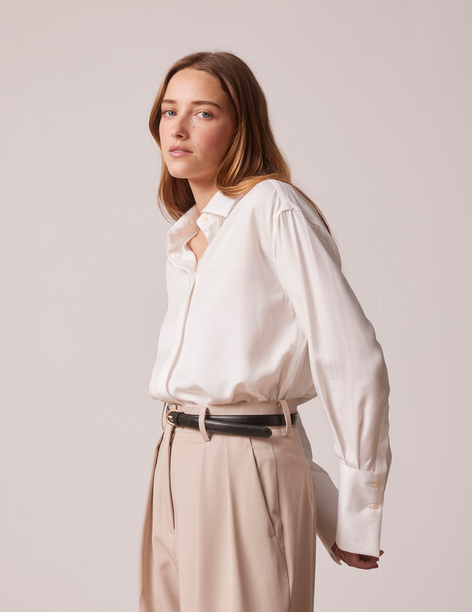 White Lilas shirt with hidden buttons placket - Lyocell - Long Collar