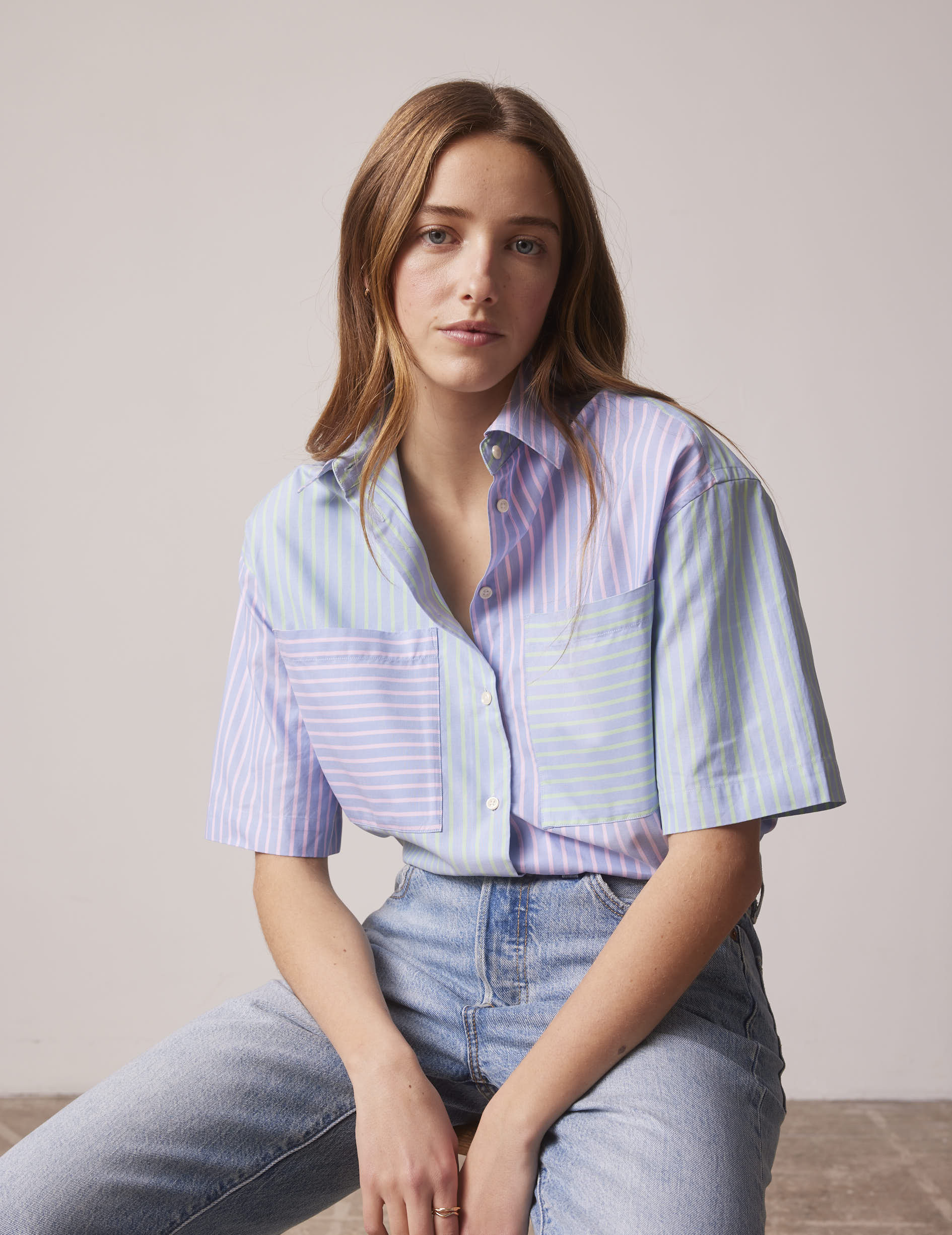 Short sleeve green Lilou Fun shirt - pin point - Shirt Collar