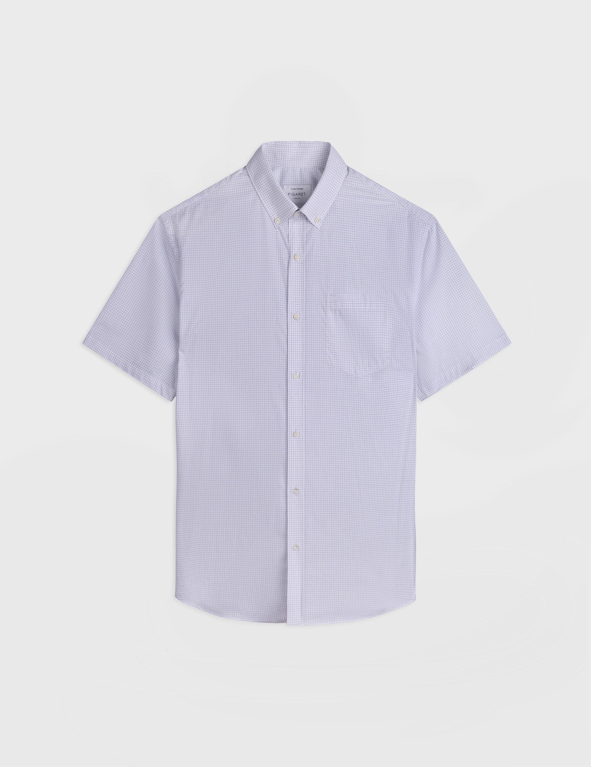 Short sleeve classic shirt with navy blue checks - Poplin - American Collar
