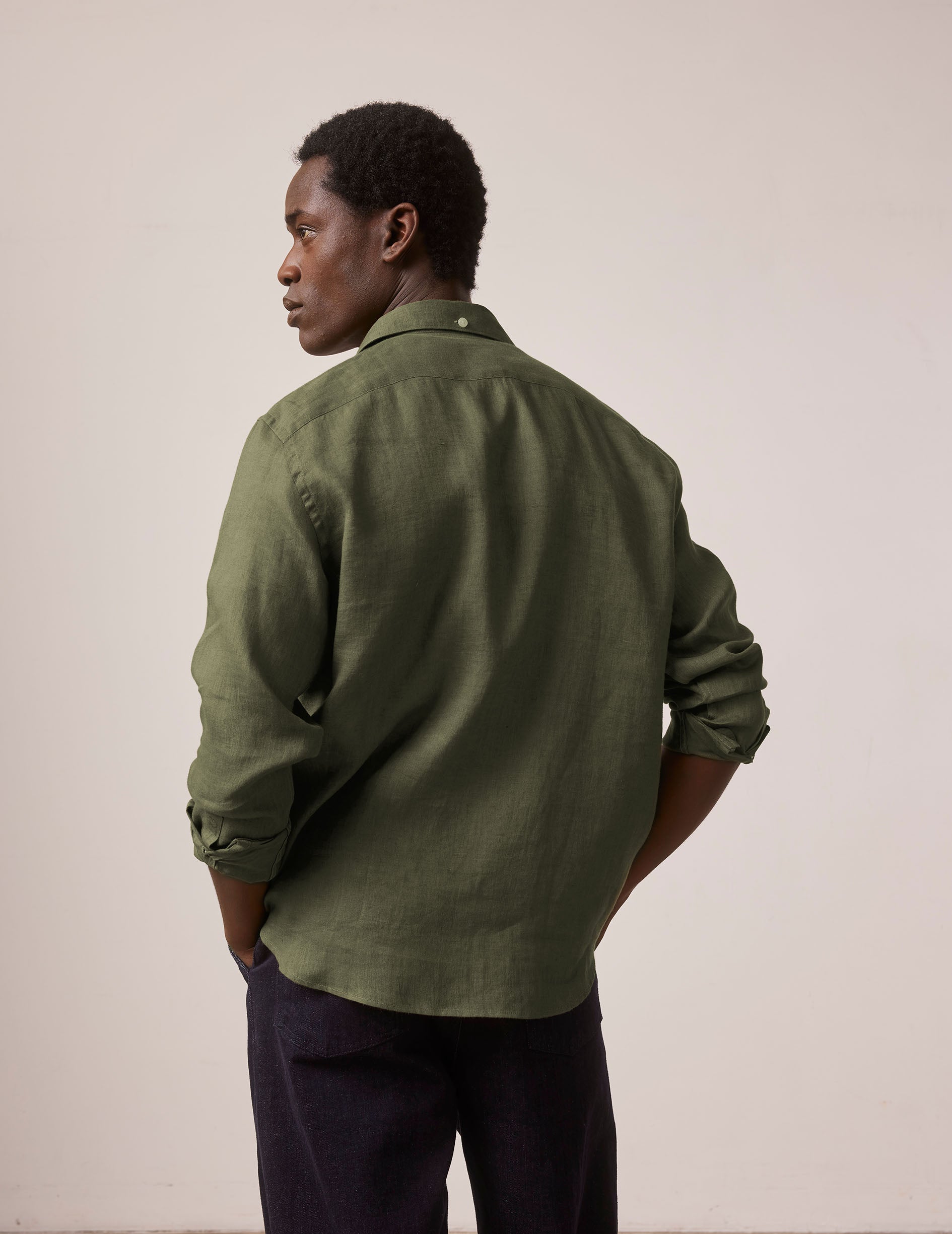 Khaki linen Aristote shirt - Linen - Italian Collar