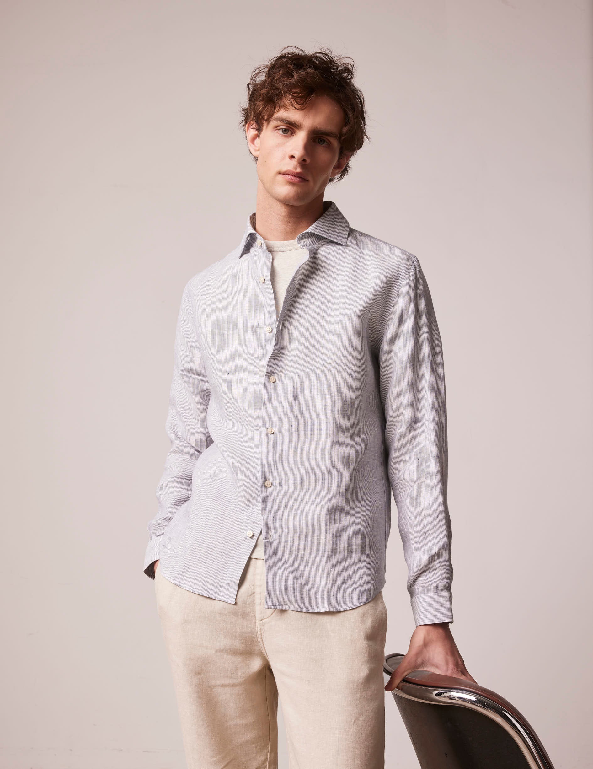 Navy blues striped linen Aristote shirt - Linen - Italian Collar