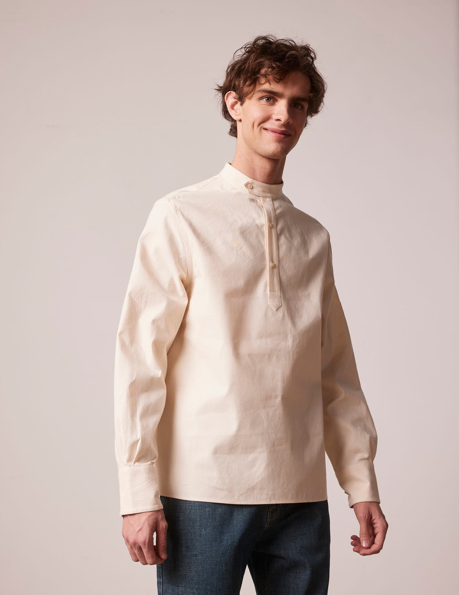 Arthur unisex popover shirt ecru - Coton canvas - Officer in deported point Collar#4
