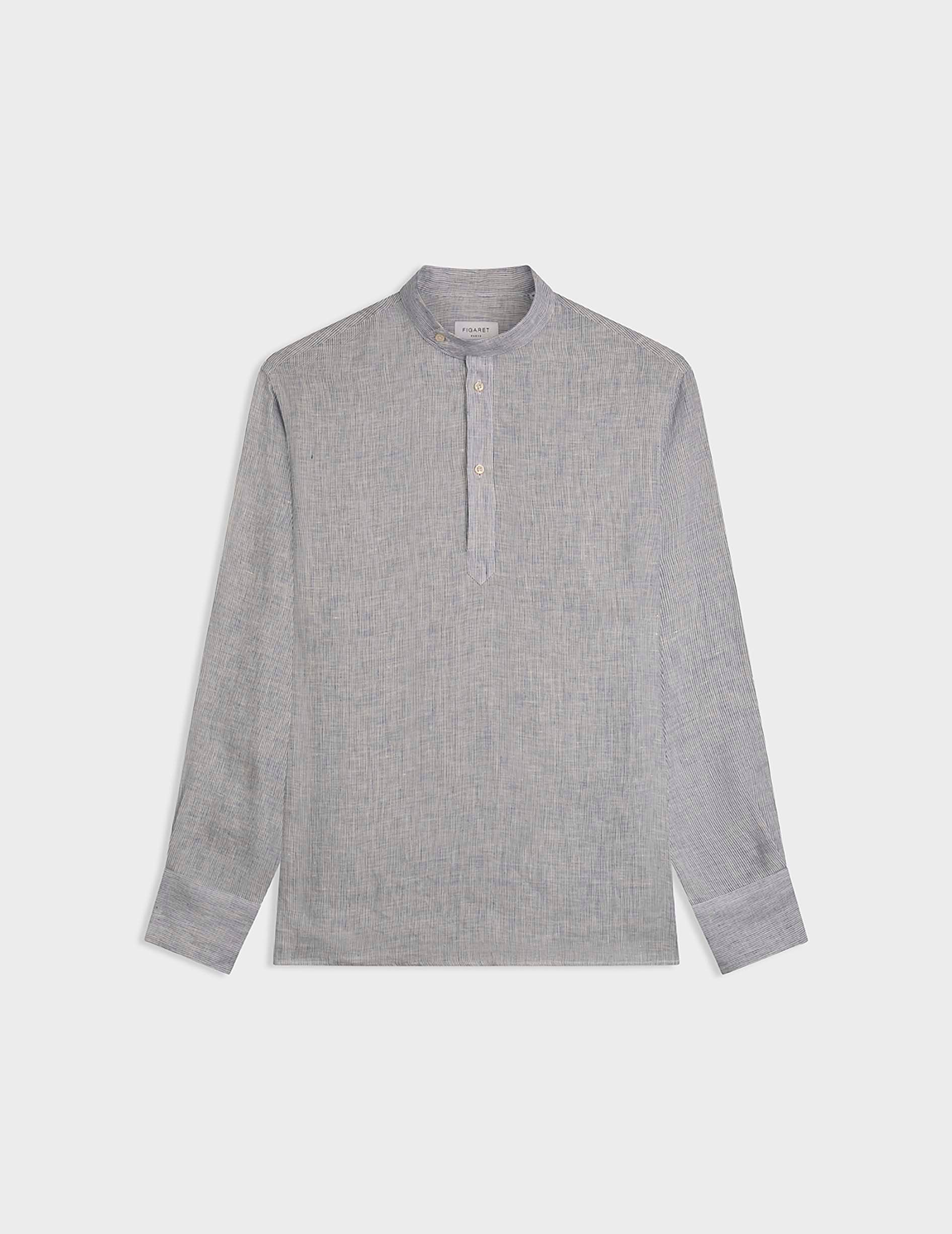 Arthur unisex popover shirt in navy blues striped linen - Linen - Officer in deported point Collar