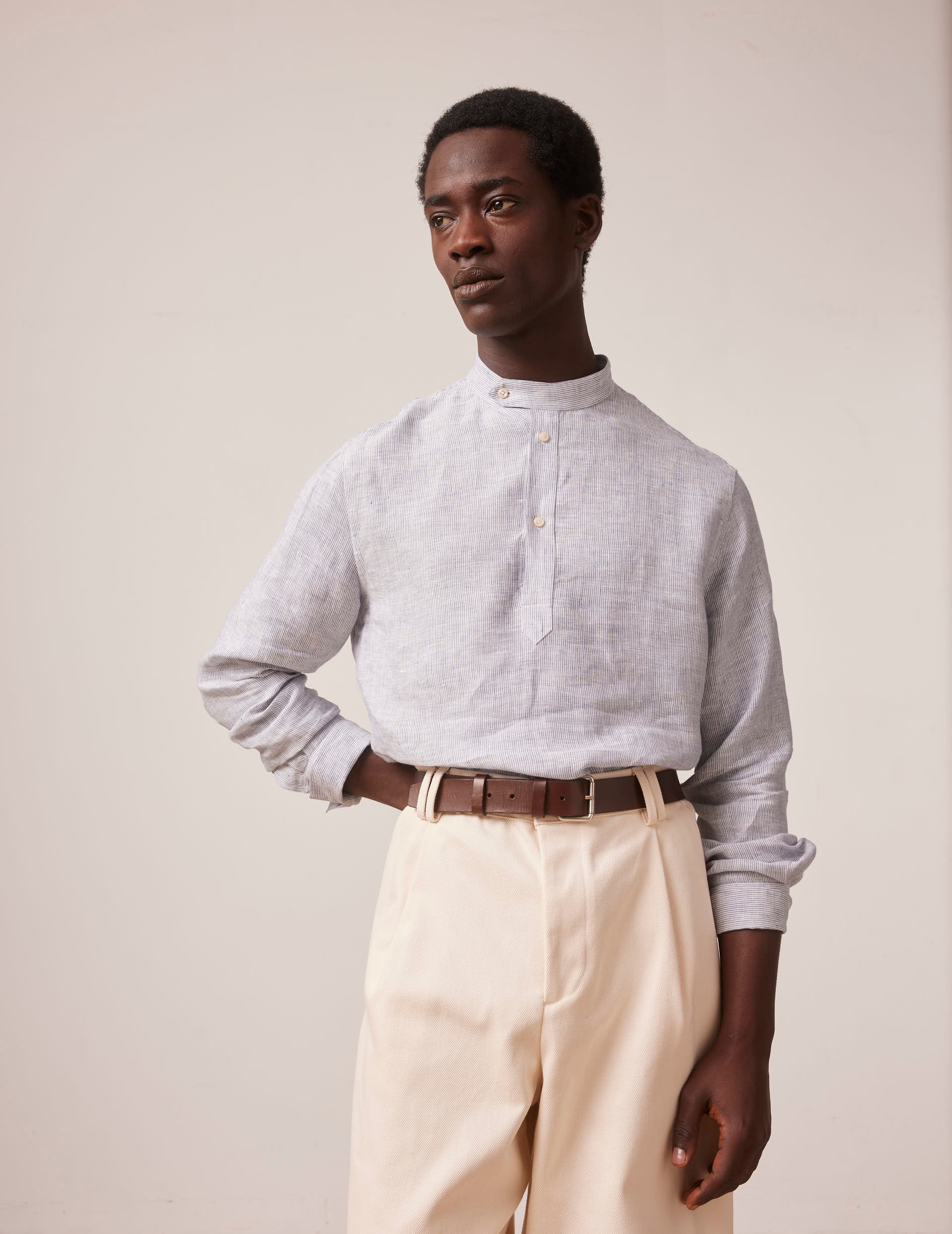 Arthur unisex popover shirt in navy blues striped linen - Linen - Officer in deported point Collar