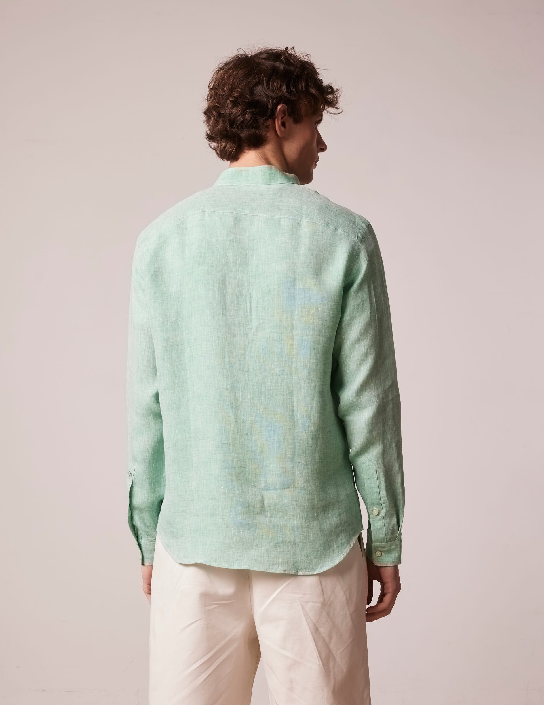 Green linen Carl shirt - Linen - Open straight Collar