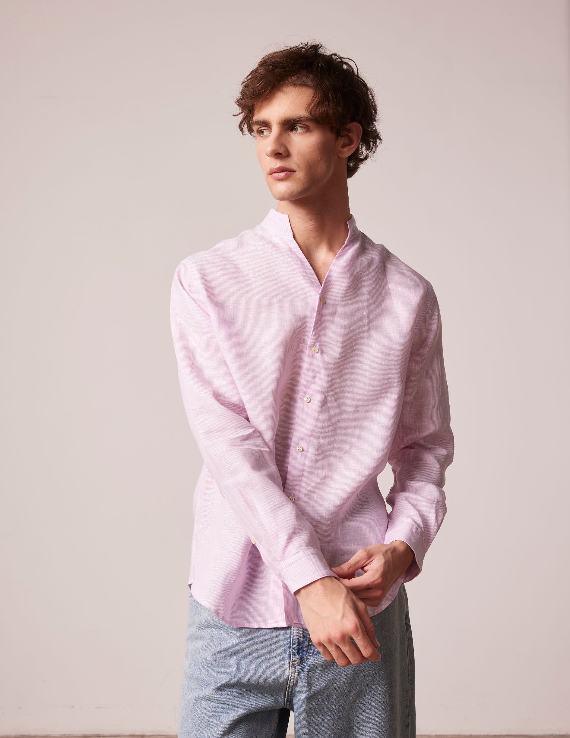 Pink striped linen Carl shirt - Linen - Open straight Collar