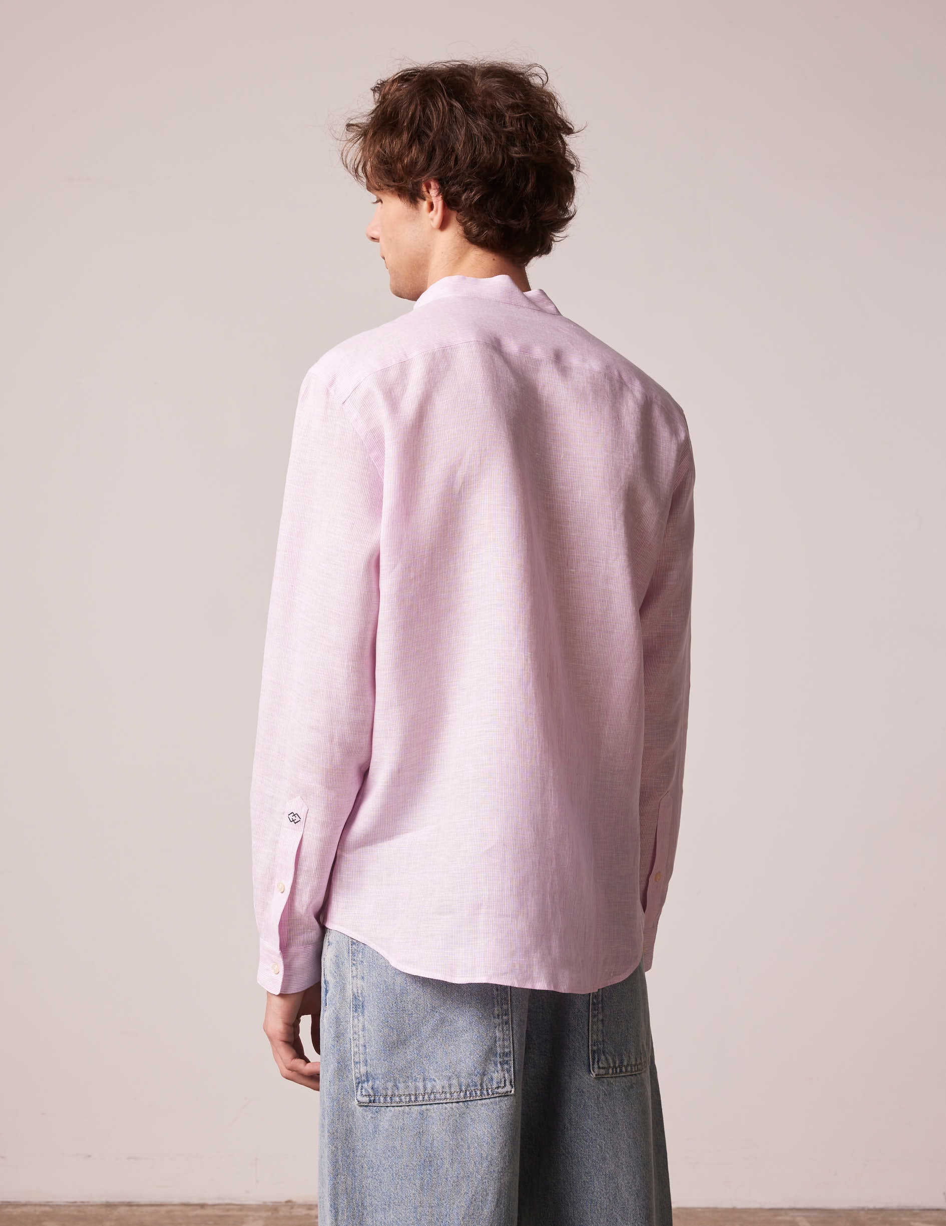 Pink striped linen Carl shirt - Linen - Open straight Collar