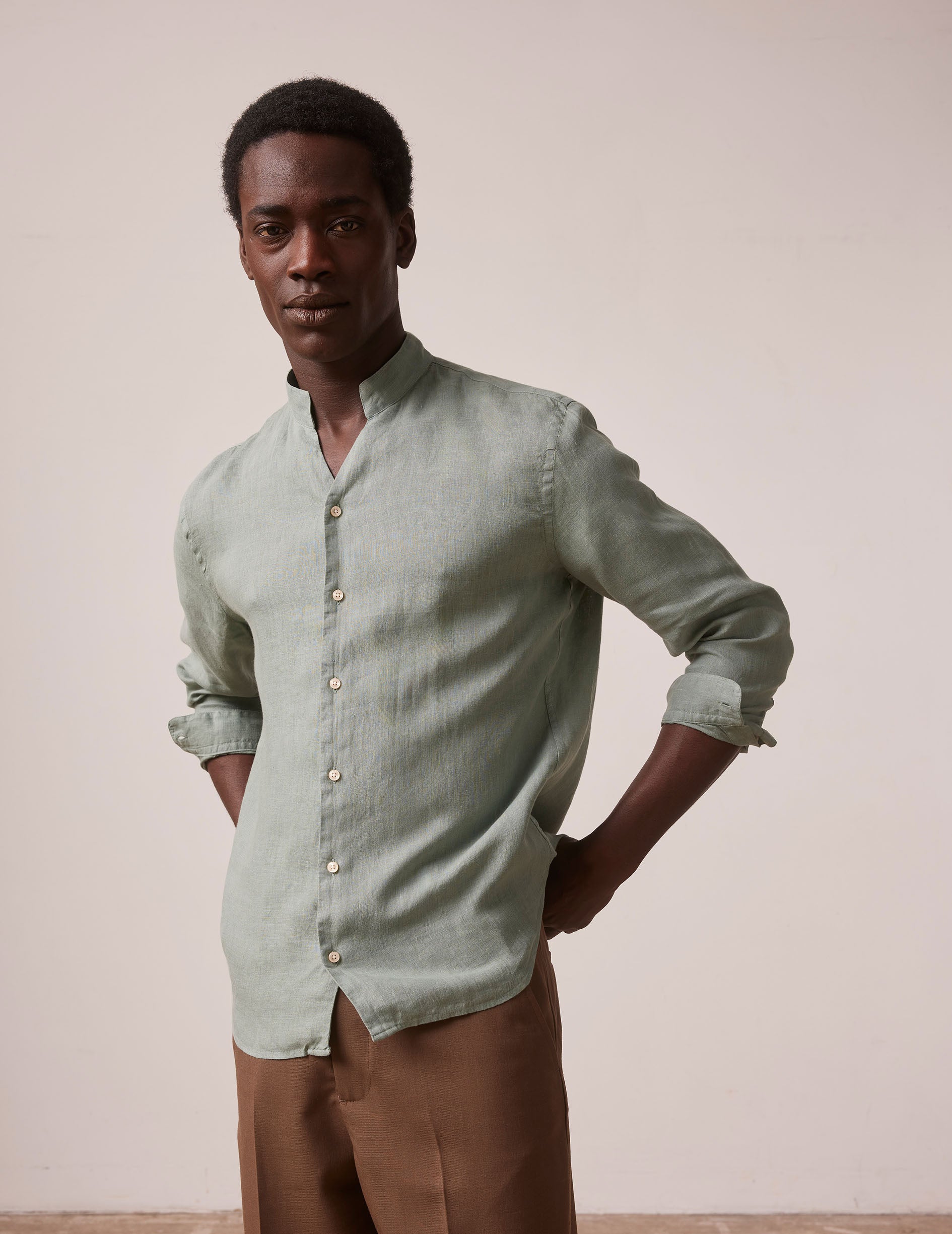 Green linen Carl shirt - Linen - Open straight Collar